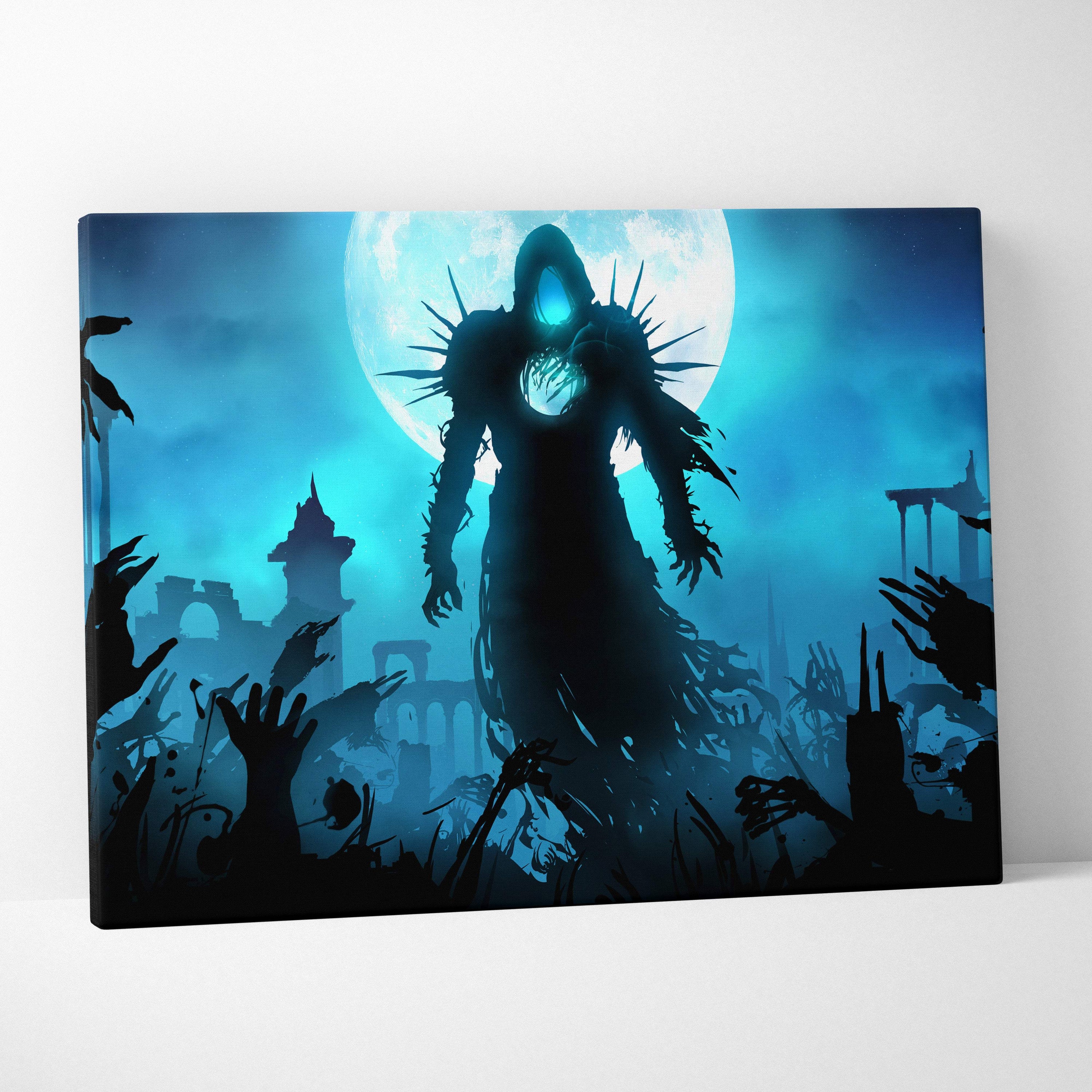 Blue-toned canvas print of a spiky hooded figure before a full moon with silhouetted ruins and shadow hands below