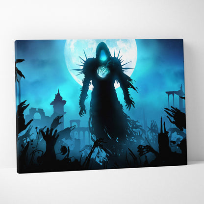 Blue-toned canvas print of a spiky hooded figure before a full moon with silhouetted ruins and shadow hands below