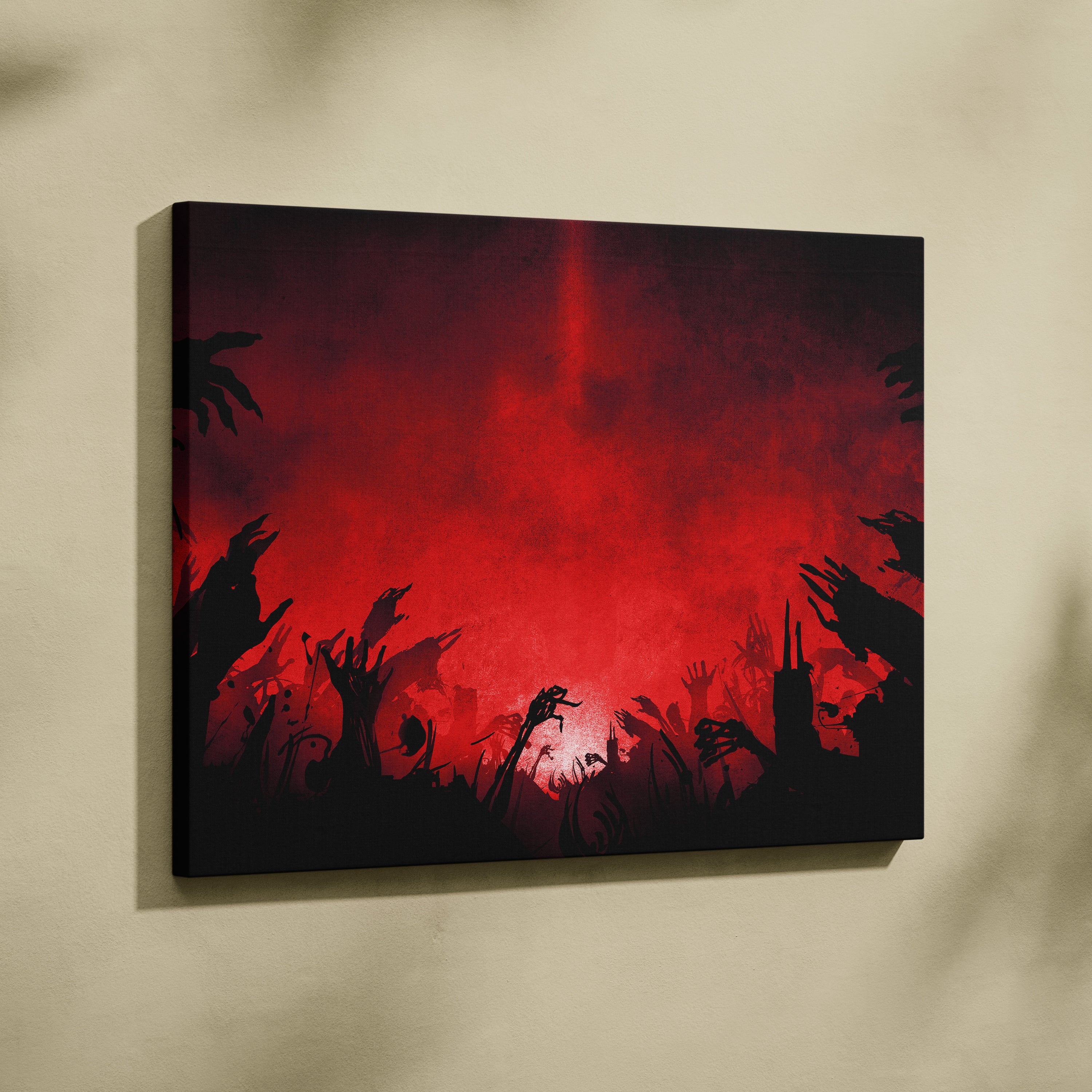 Blood Red Apocalypse Canvas Art – Dark Horror Background with Rising Zombie Hands, Grunge Texture, Gothic Cinematic Digital Art Print
