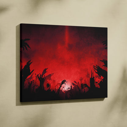 Blood Red Apocalypse Canvas Art – Dark Horror Background with Rising Zombie Hands, Grunge Texture, Gothic Cinematic Digital Art Print
