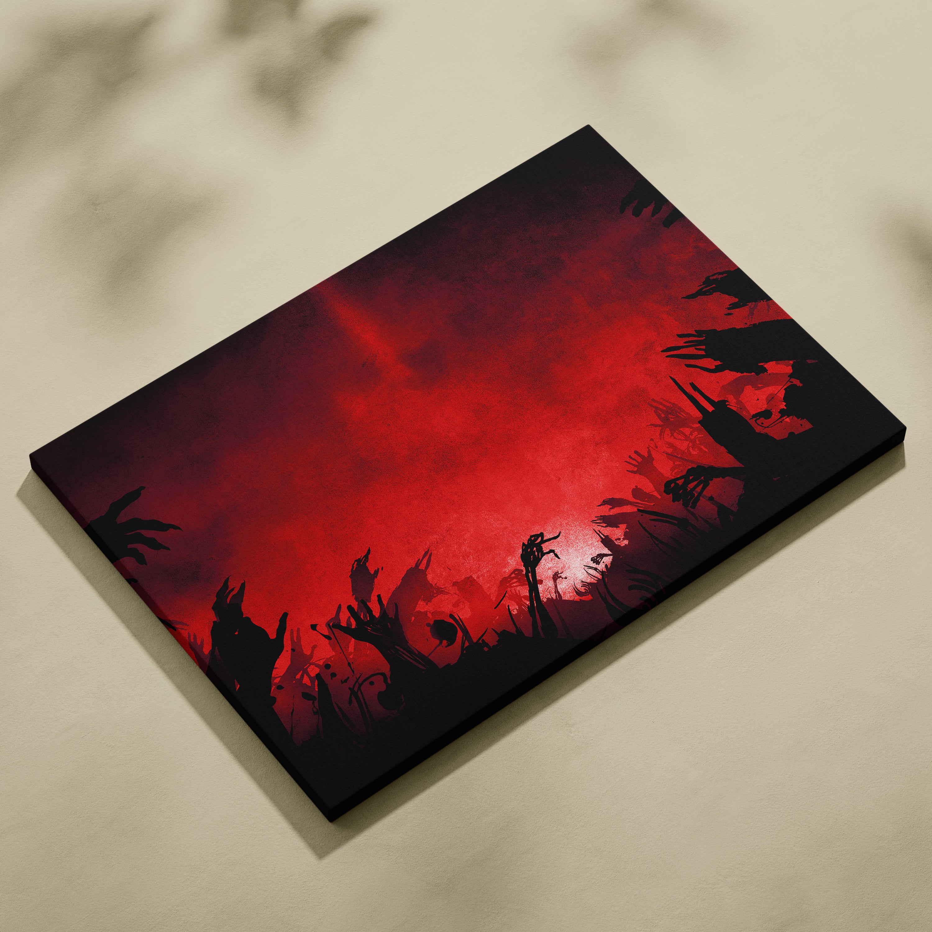 Blood Red Apocalypse Canvas Art – Dark Horror Background with Rising Zombie Hands, Grunge Texture, Gothic Cinematic Digital Art Print