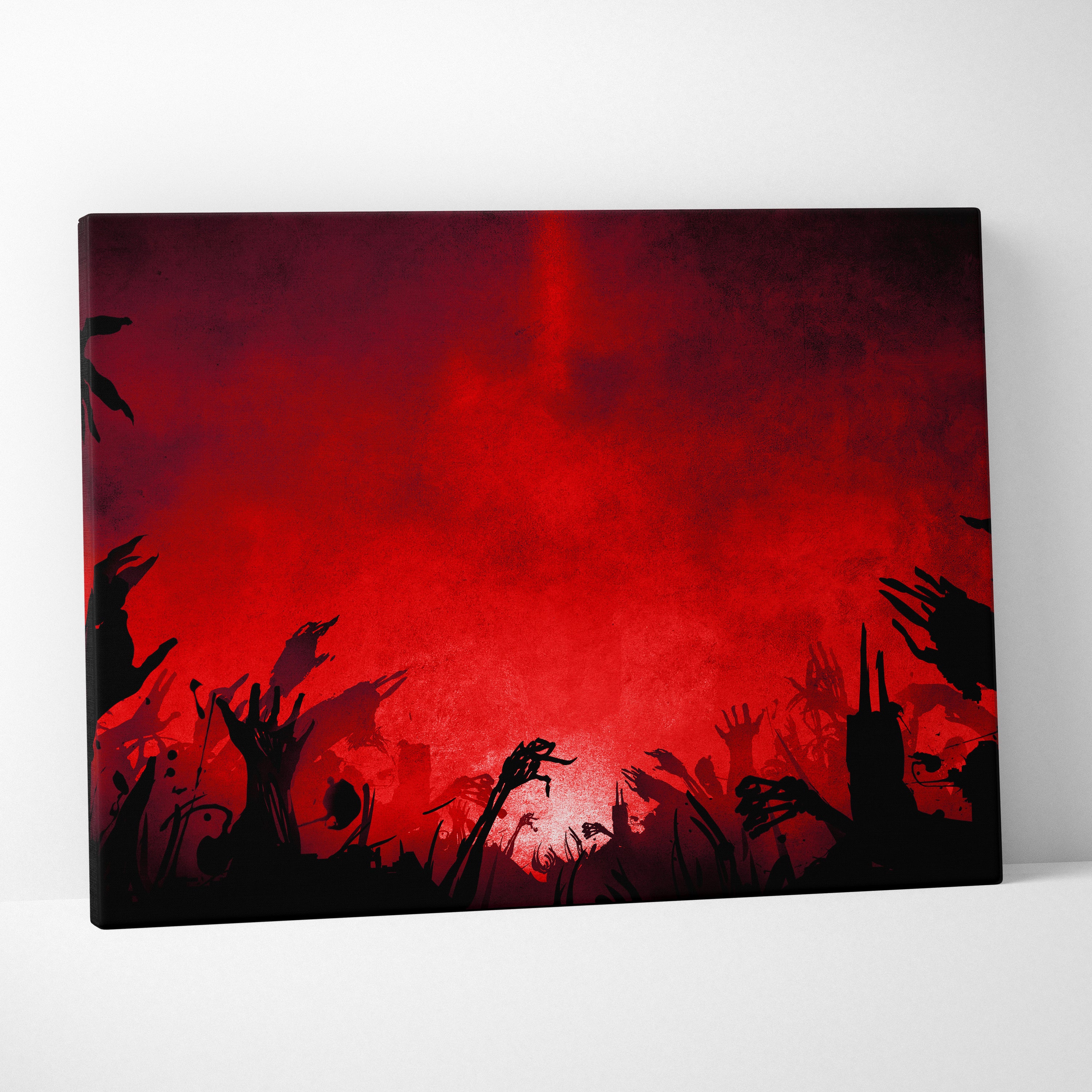 Blood Red Apocalypse Canvas Art – Dark Horror Background with Rising Zombie Hands, Grunge Texture, Gothic Cinematic Digital Art Print