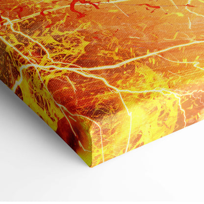Vibrant lightning dragon canvas wall art featuring bold orange yellow red splatters and white crackle lines in fiery lava style