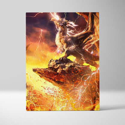 Vibrant lightning dragon canvas wall art with a fierce winged dragon in fiery lava and electric storm background