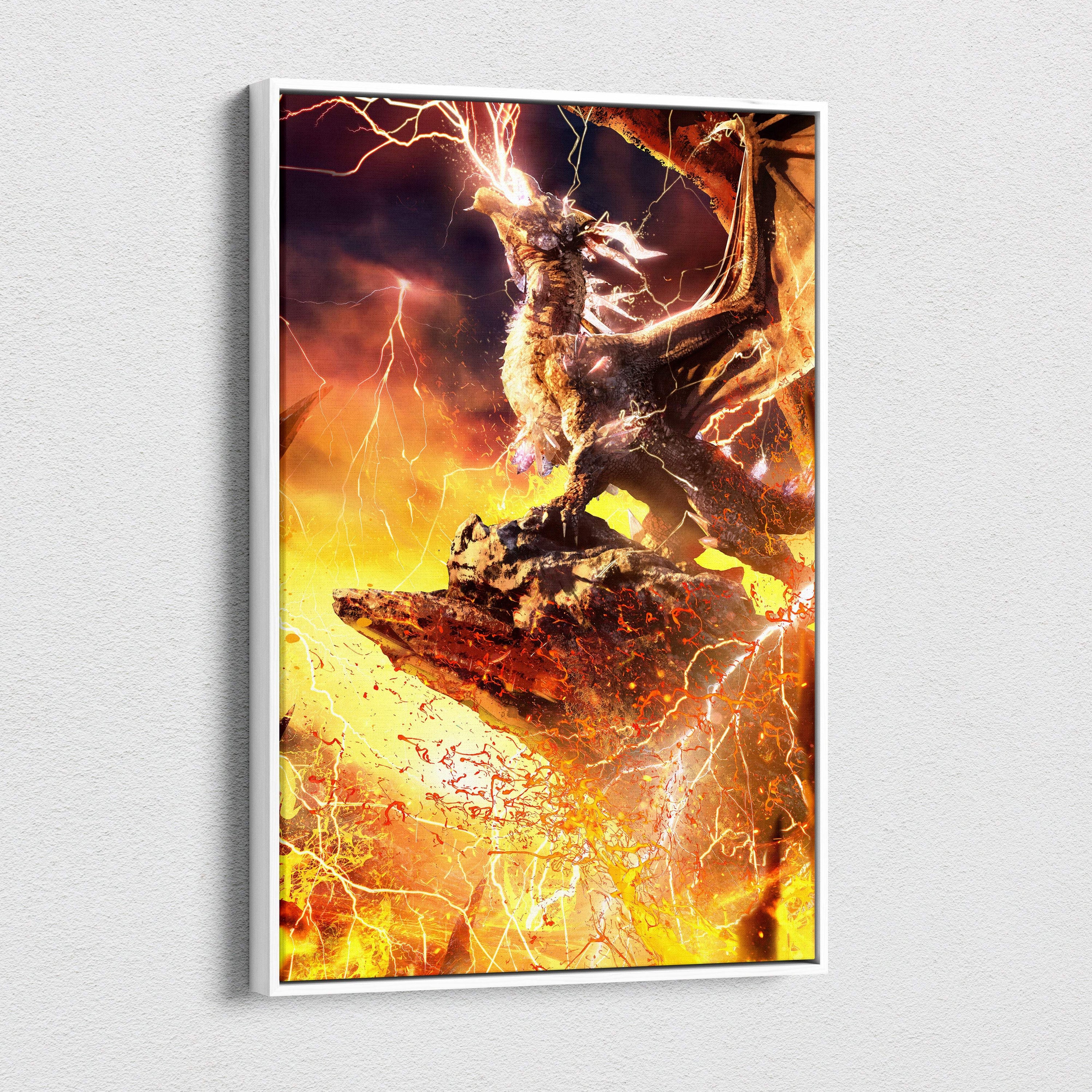 A framed lightning dragon canvas wall art with glowing orange yellow scales, electric storm, and fiery lava background