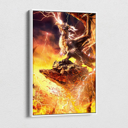 A framed lightning dragon canvas wall art with glowing orange yellow scales, electric storm, and fiery lava background