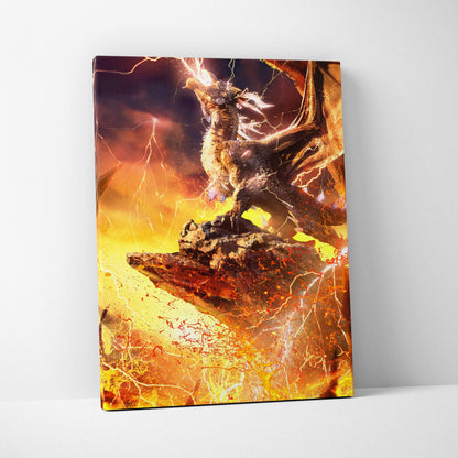 Vibrant canvas print of a fierce winged dragon roaring amid fiery lava and electric storm lightning