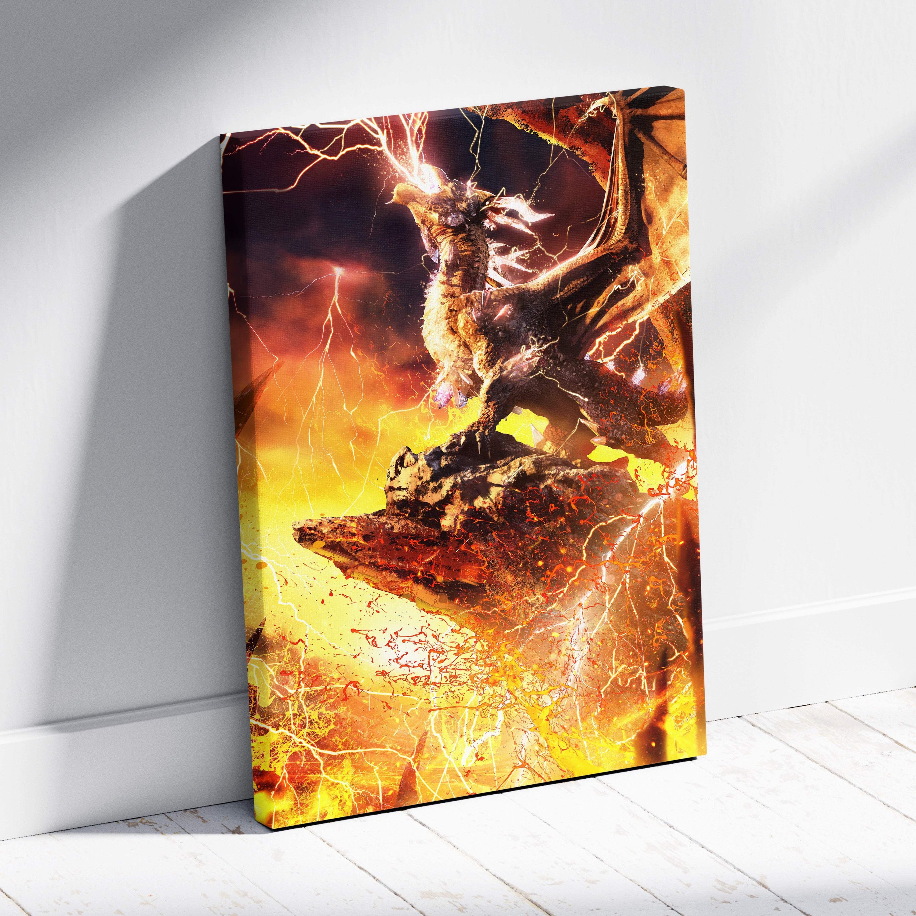 Vibrant lightning dragon canvas wall art featuring a fierce winged dragon with fiery lava and electric storm background
