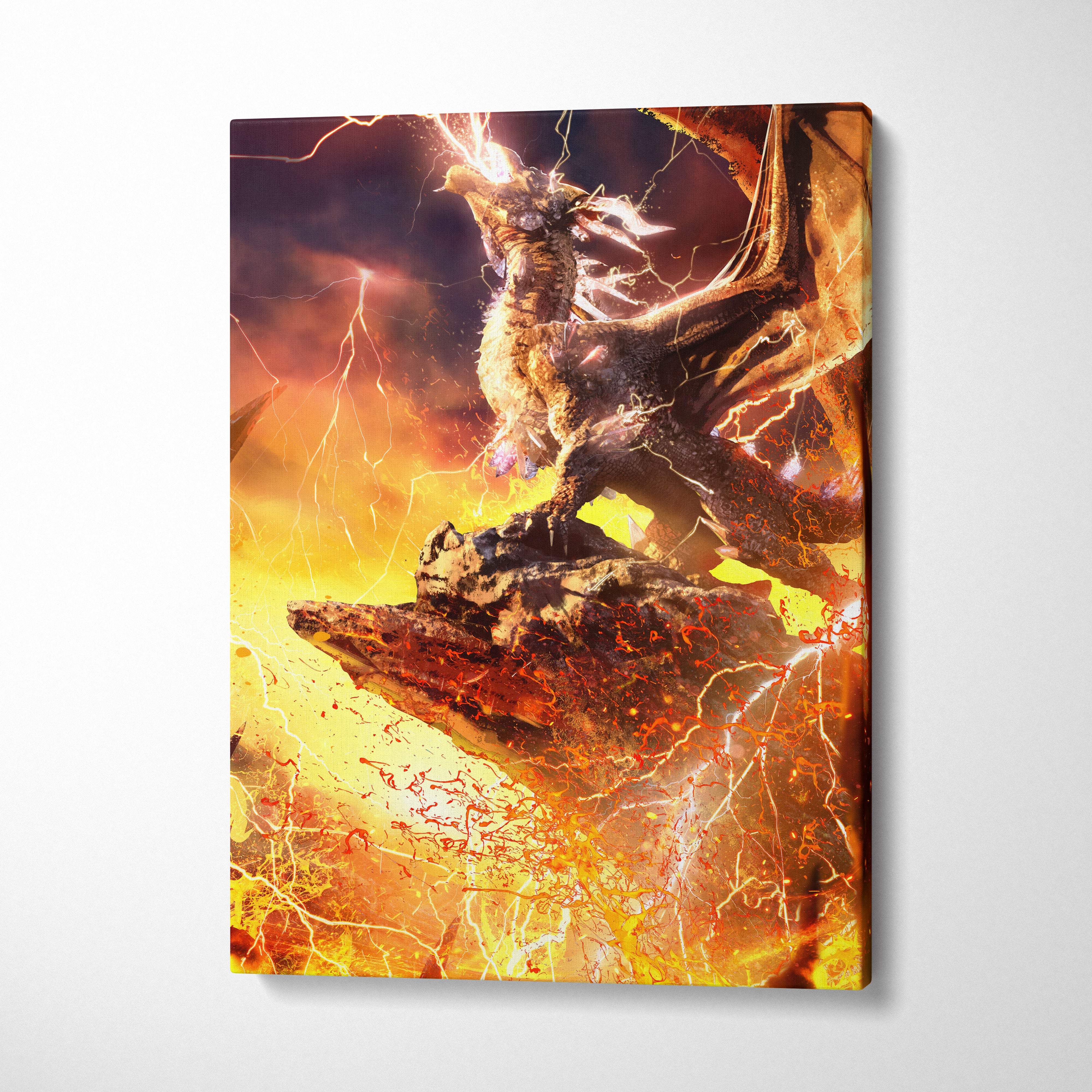 Vibrant canvas print of a dark-scaled lightning dragon roaring amid fiery lava and electric storm fantasy art