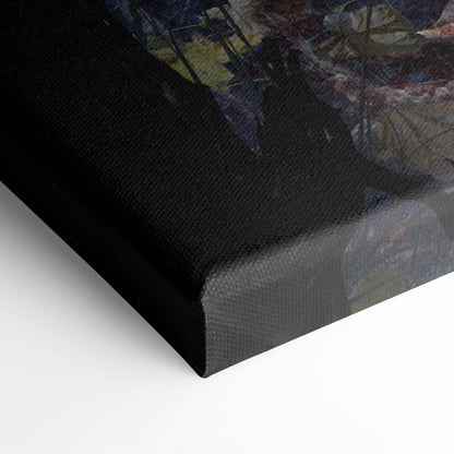 Dark fallen angel canvas art with textured surface featuring abstract blues greens and earth tones gothic horror woman design
