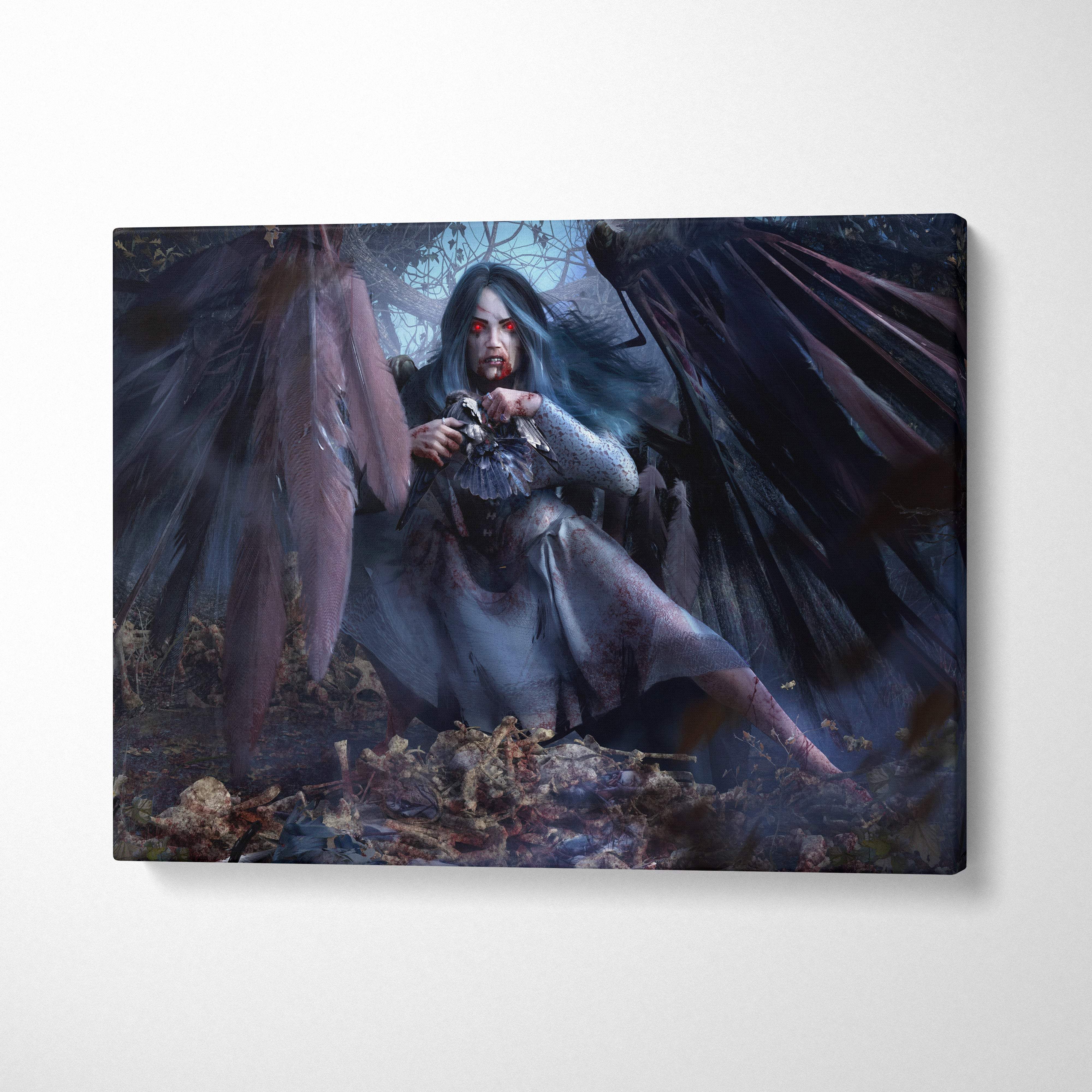 Dark fallen angel canvas art featuring a pale-skinned gothic woman with black wings red eyes and blood-stained lips