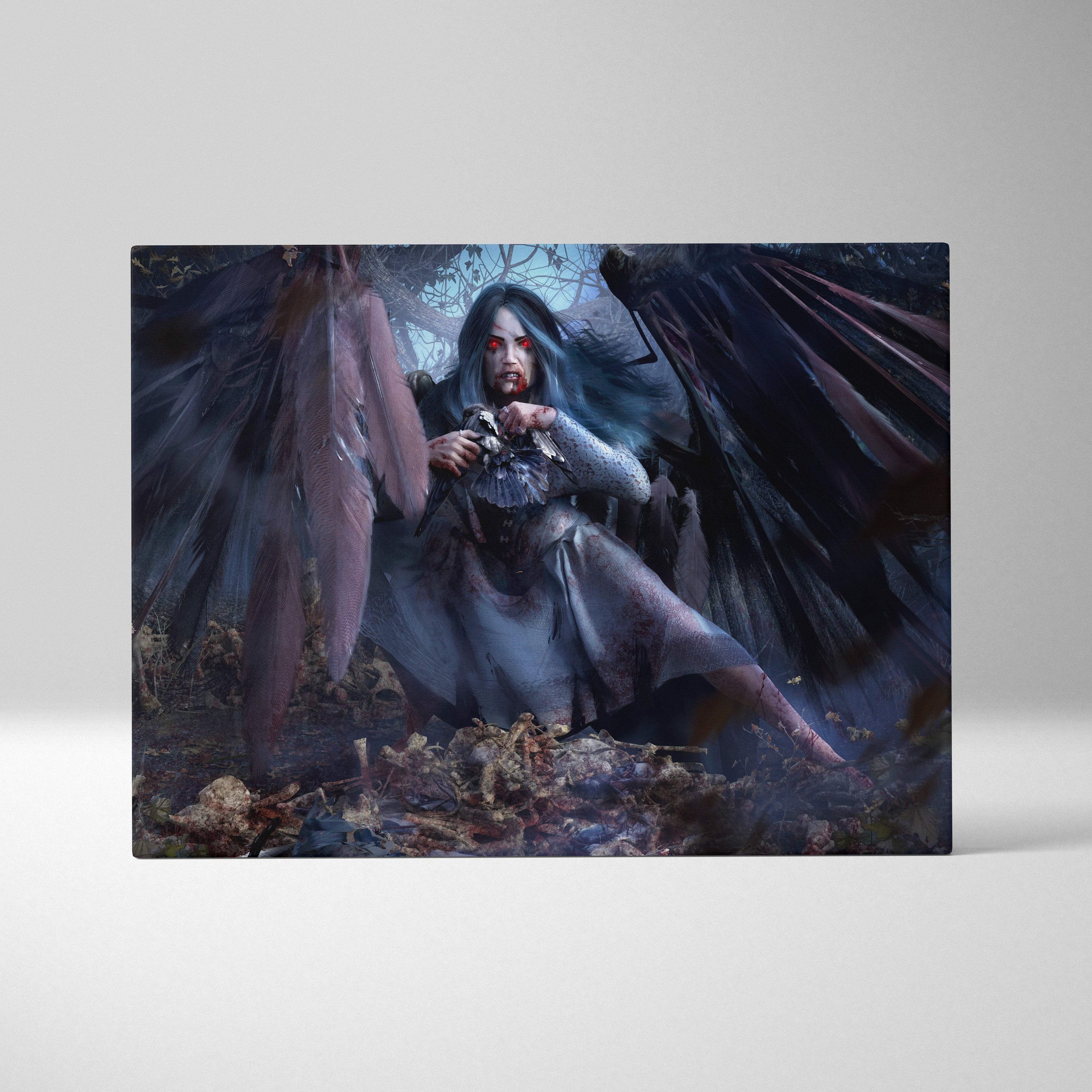 Dark fallen angel canvas art depicting a pale woman with black wings and red eyes seated among skeletal remains