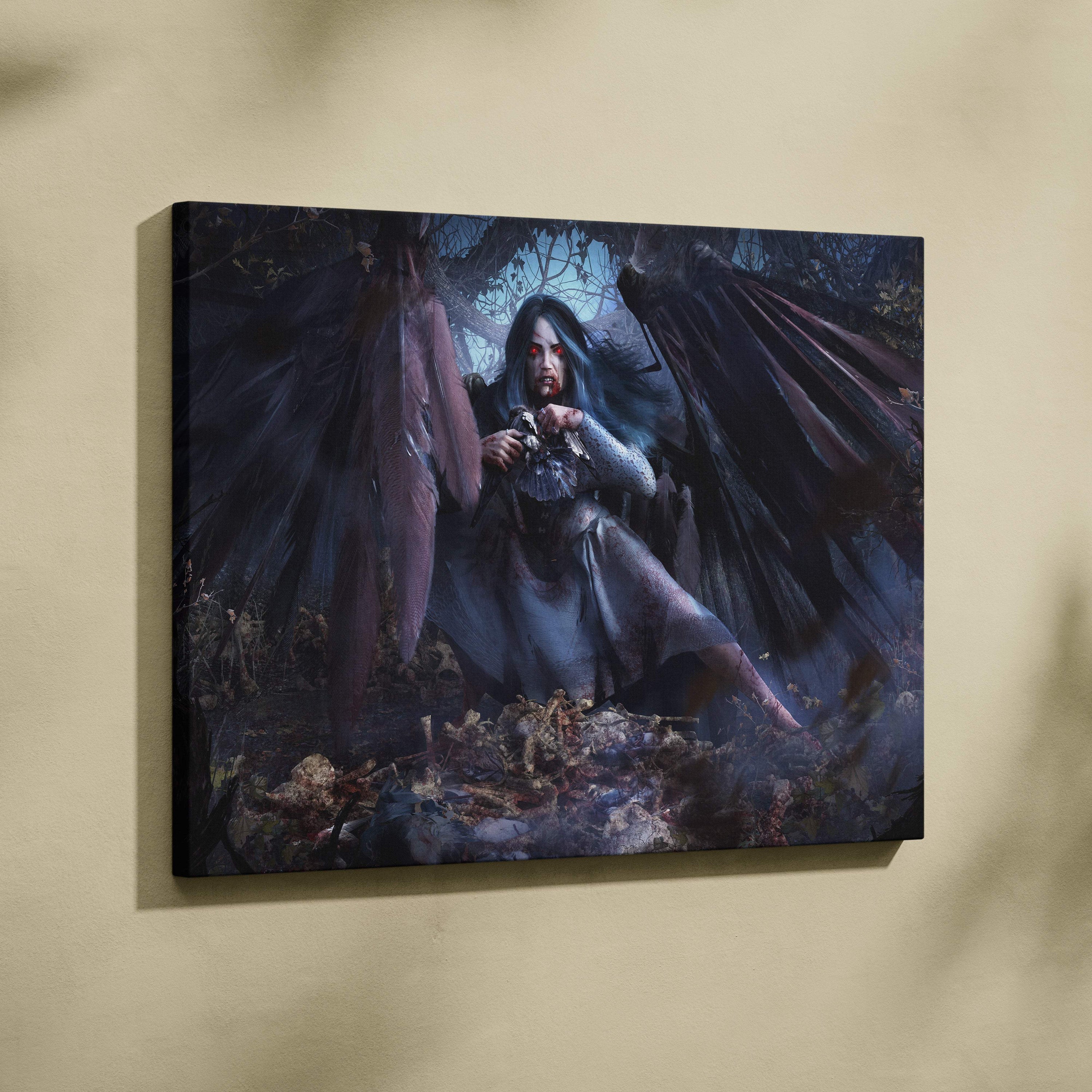 Dark fallen angel canvas art with gothic woman with black wings and red eyes in muted blues and grays forest backdrop