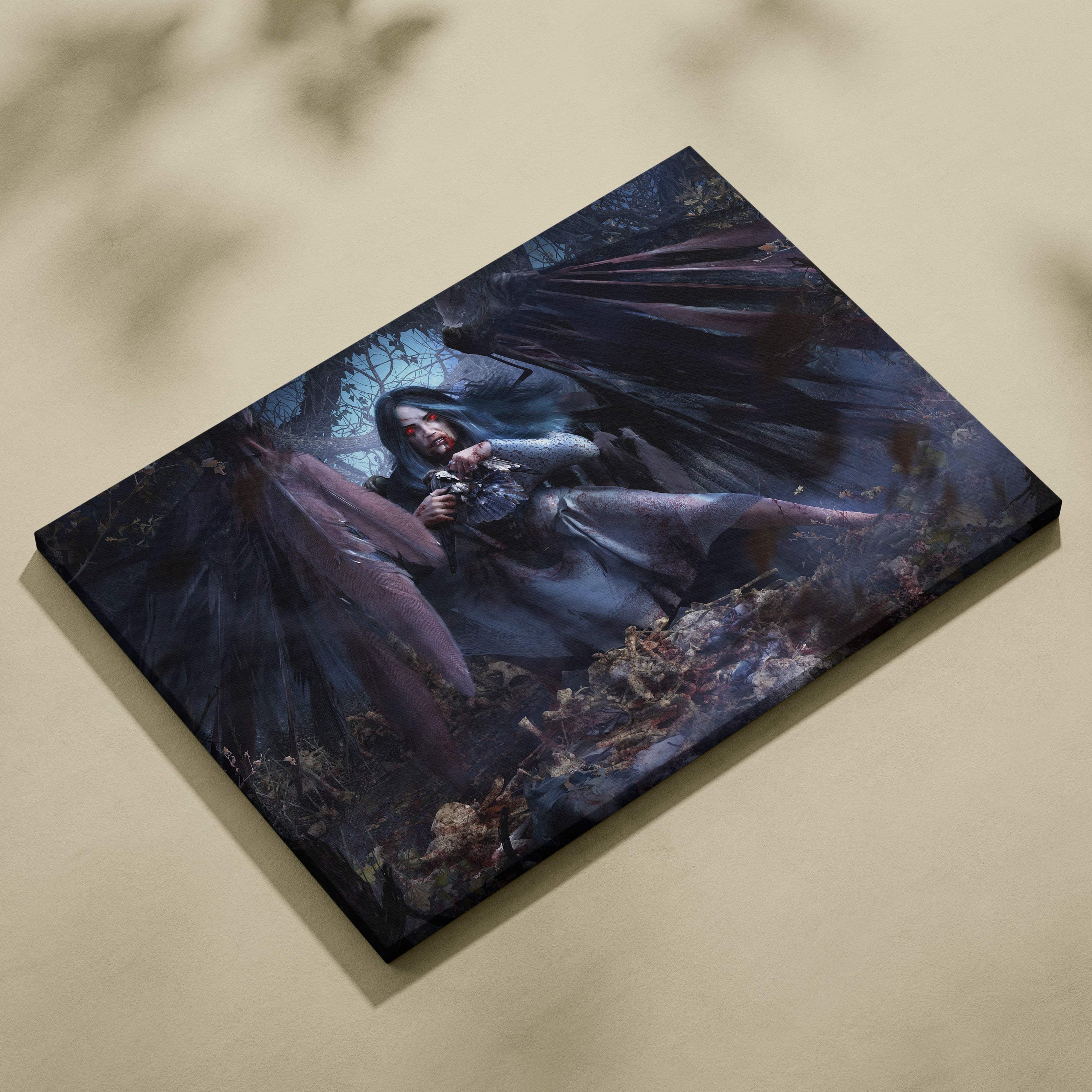 Dark fallen angel canvas art featuring a gothic woman with black wings red eyes and a blood moon forest background