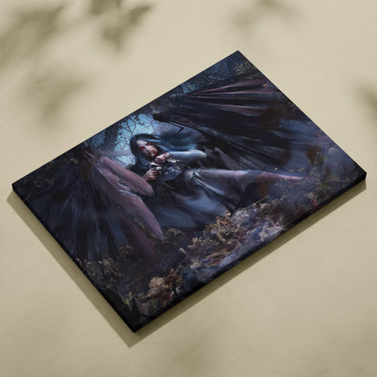 Dark fallen angel canvas art featuring a gothic woman with black wings red eyes and a blood moon forest background