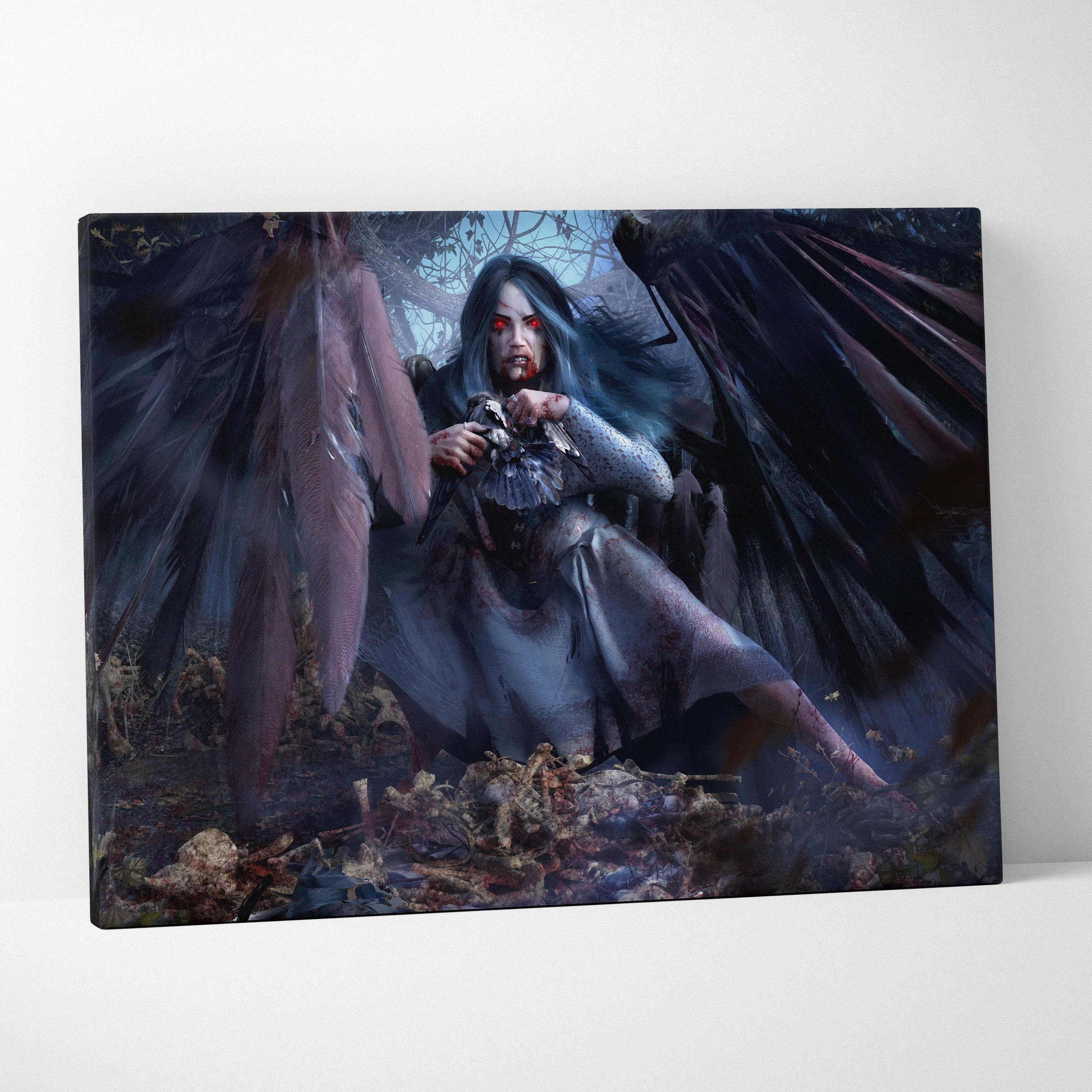 Dark fallen angel canvas art of a pale figure with black wings red eyes amid skeletal remains in a moody forest scene