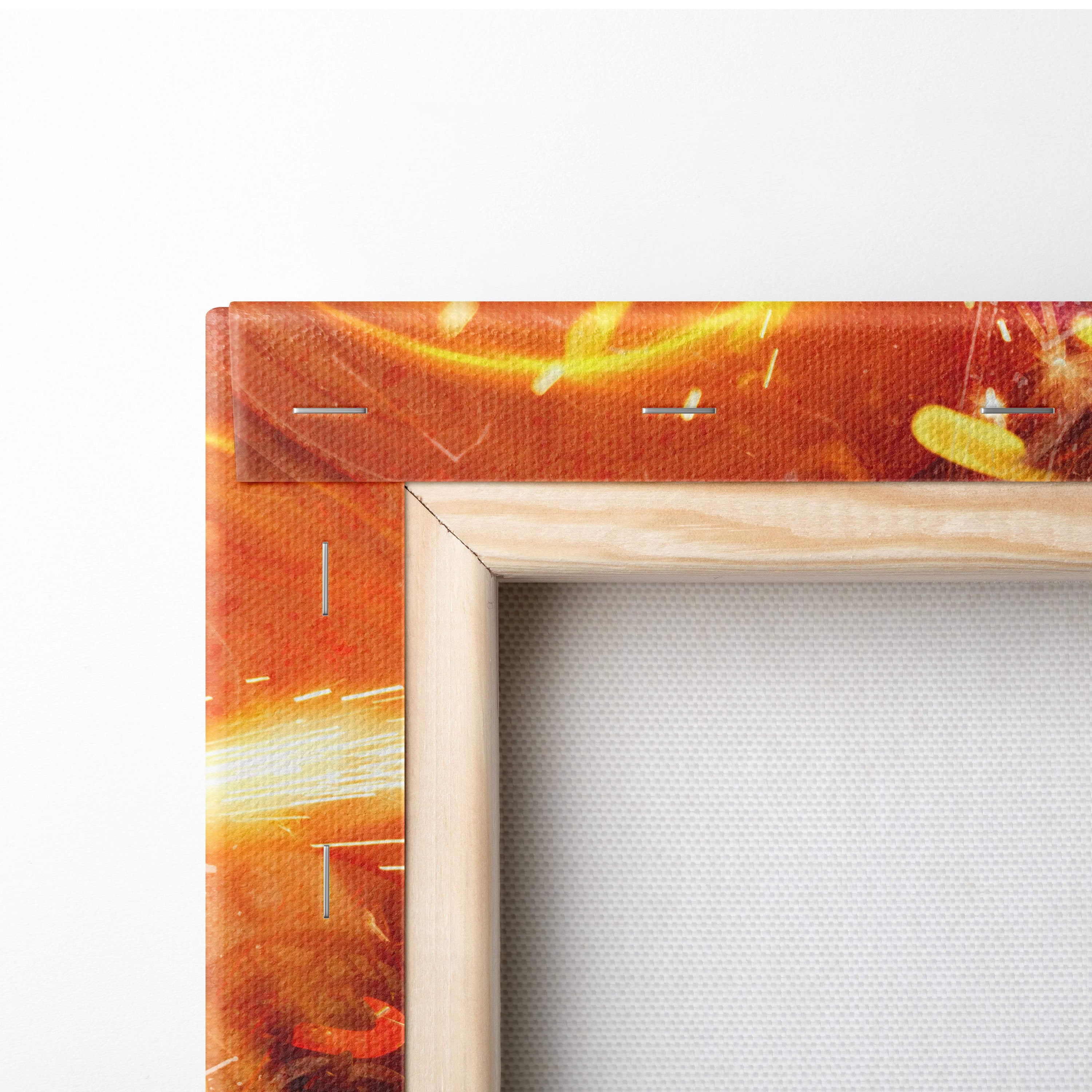 Divine warrior queen canvas wall art with vibrant orange and yellow fiery scene on stretched canvas framed in light wood