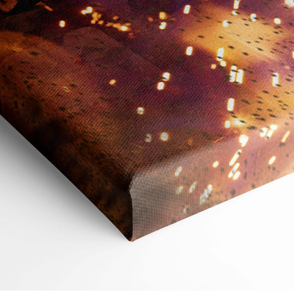 Divine warrior queen canvas print featuring a textured warm-toned image of glowing sparks on dark background