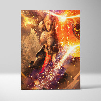 A rectangular canvas print of a divine warrior queen in ornate metallic armor with glowing golden energy effects