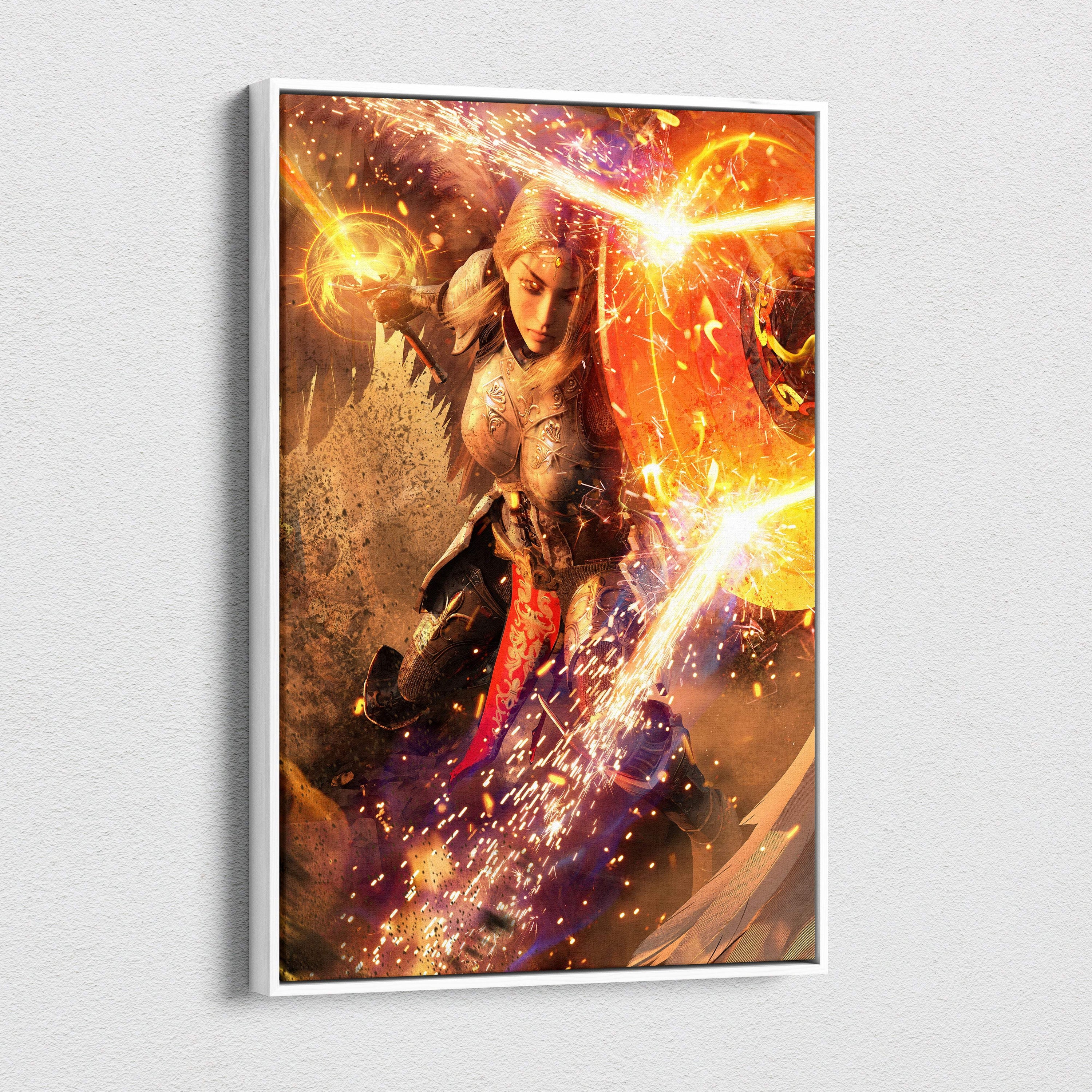 A framed divine warrior queen canvas wall art showing a female knight in ornate armor with glowing golden weapons