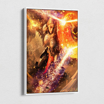 A framed divine warrior queen canvas wall art showing a female knight in ornate armor with glowing golden weapons