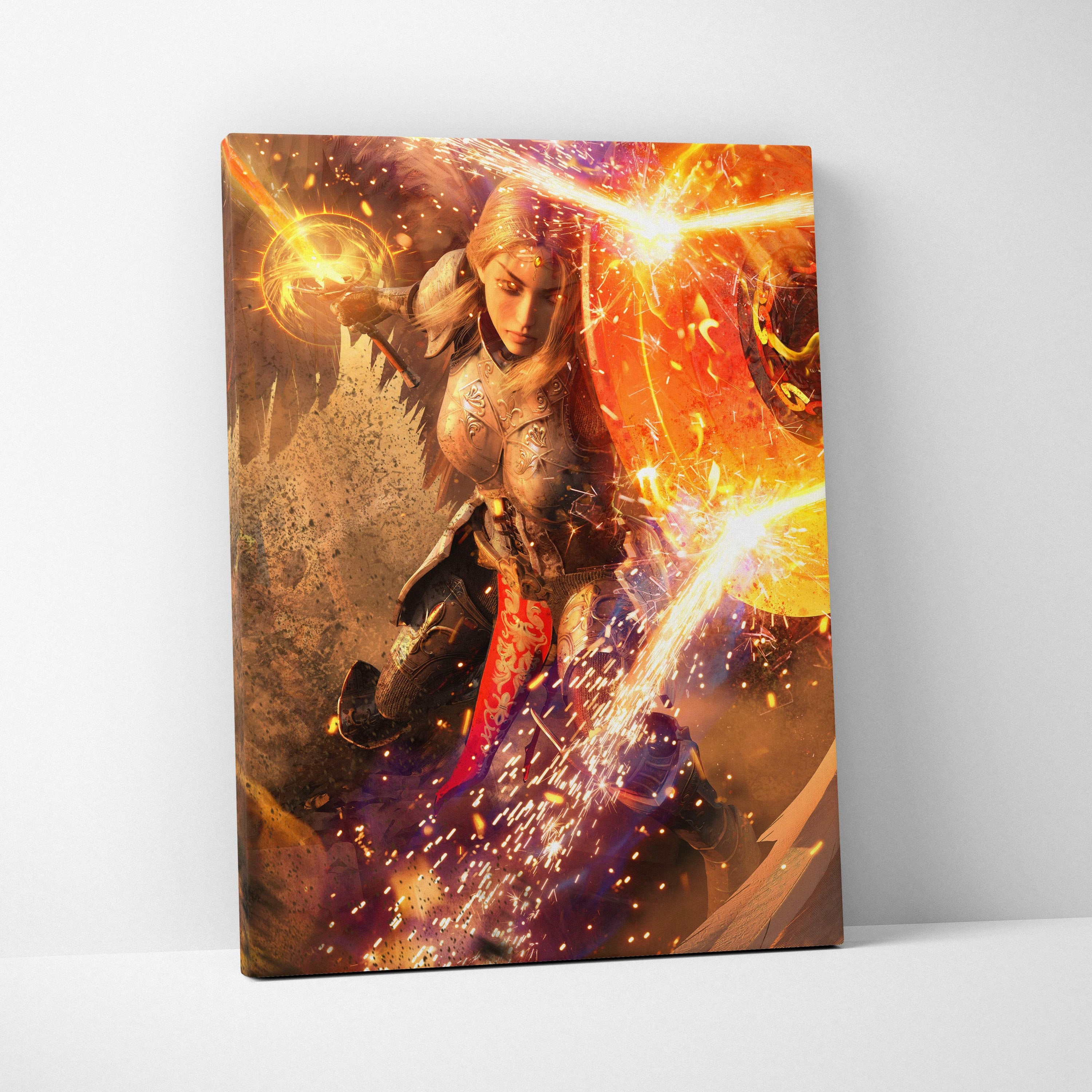 Divine warrior queen canvas wall art featuring a radiant female knight with glowing golden energy battle scene