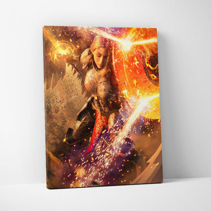 Divine warrior queen canvas wall art featuring a radiant female knight with glowing golden energy battle scene
