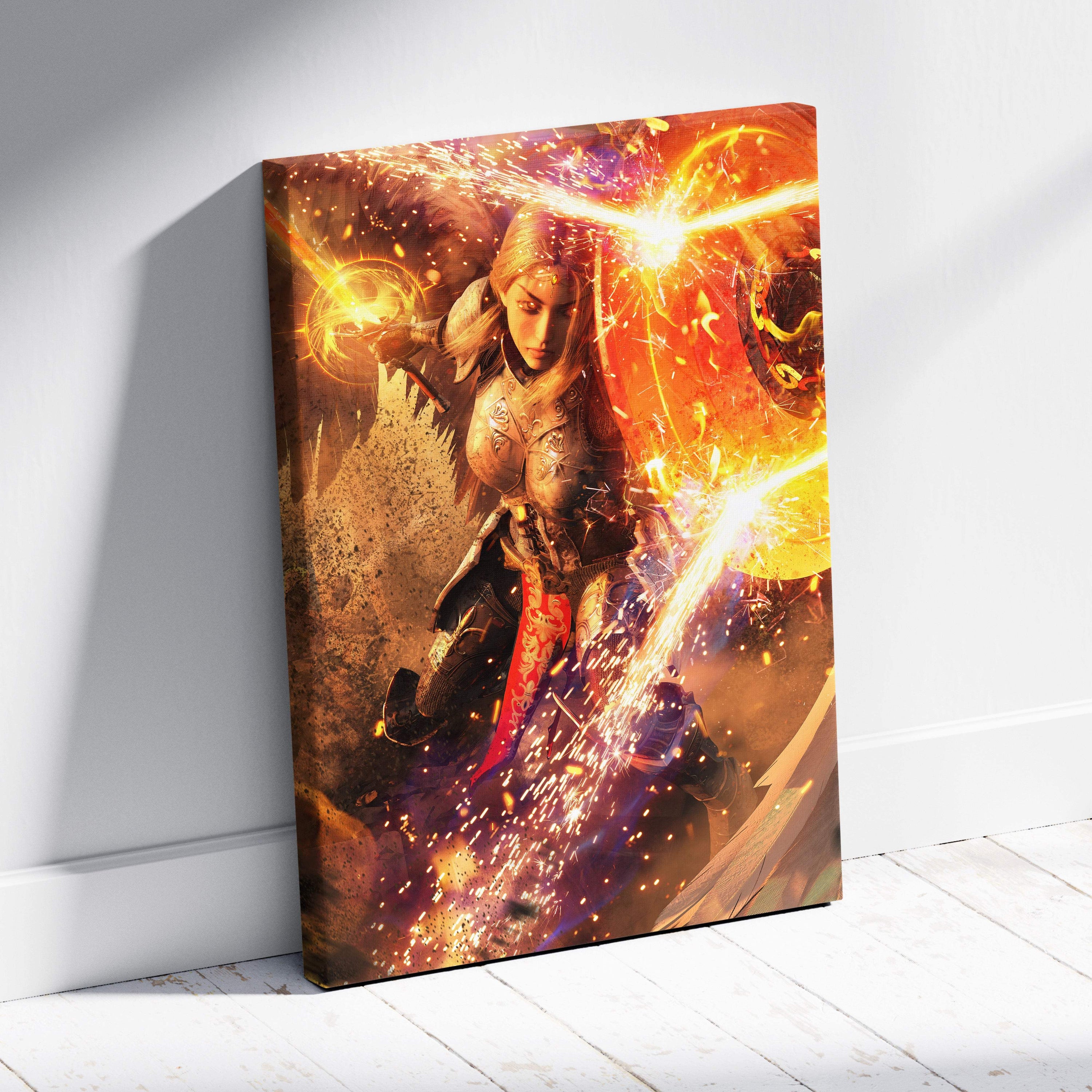 Vibrant fiery fantasy canvas wall art featuring a radiant armored female warrior queen with shield and golden magic light