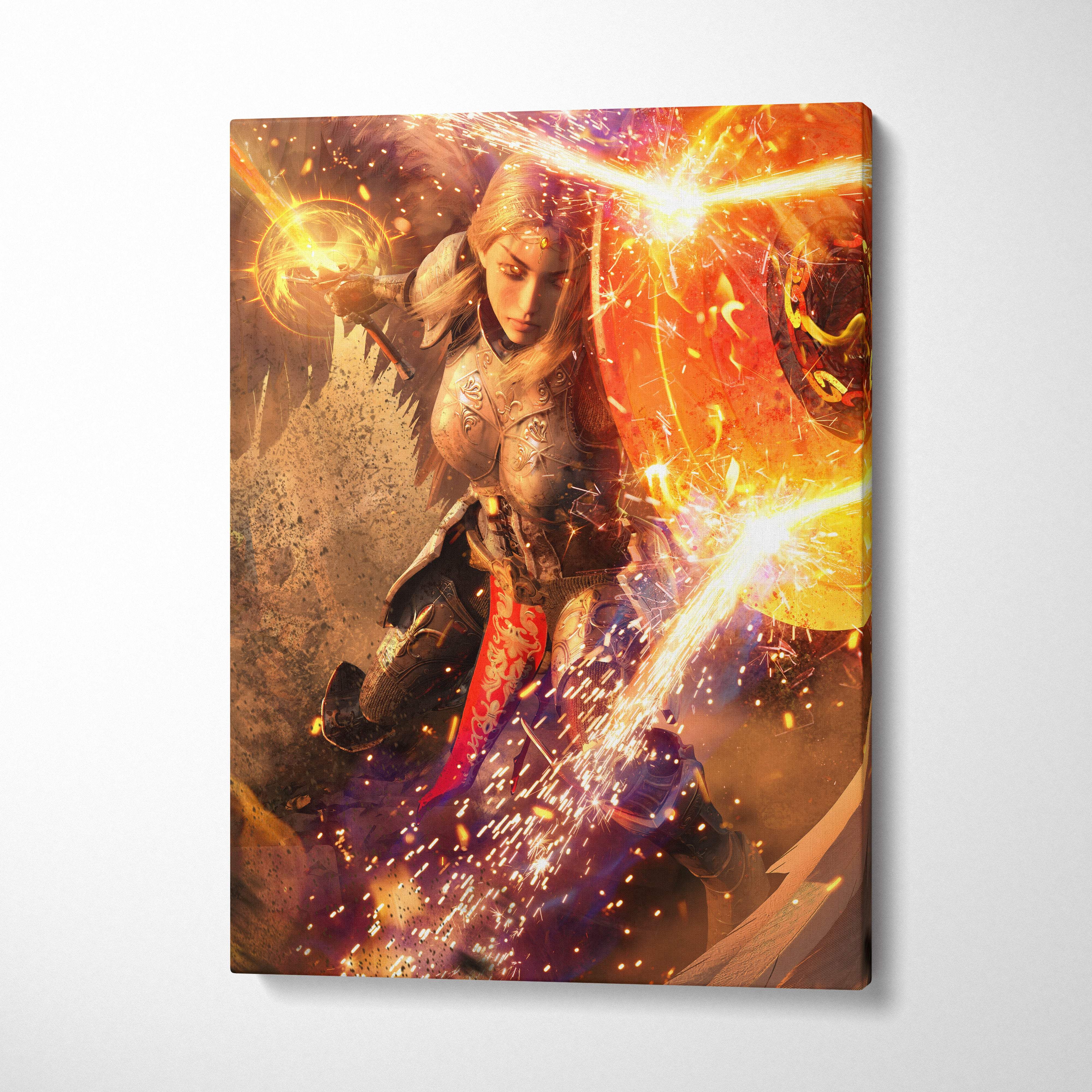 Vibrant framed canvas print of a divine warrior queen in golden armor wielding glowing magic in a fiery battle scene