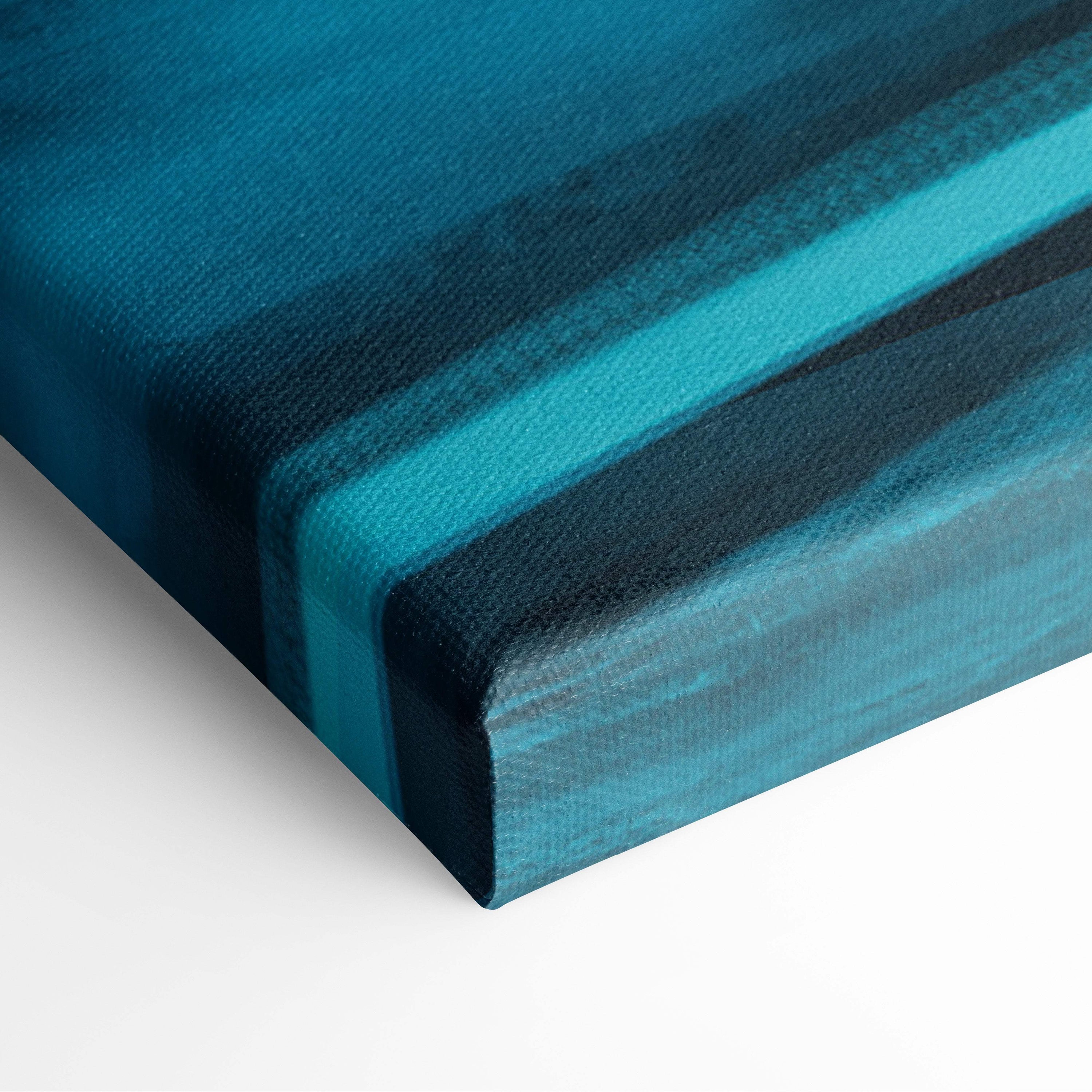 Cyberpunk portal city canvas print with horizontal teal and navy blue stripes dark futuristic urban wall art