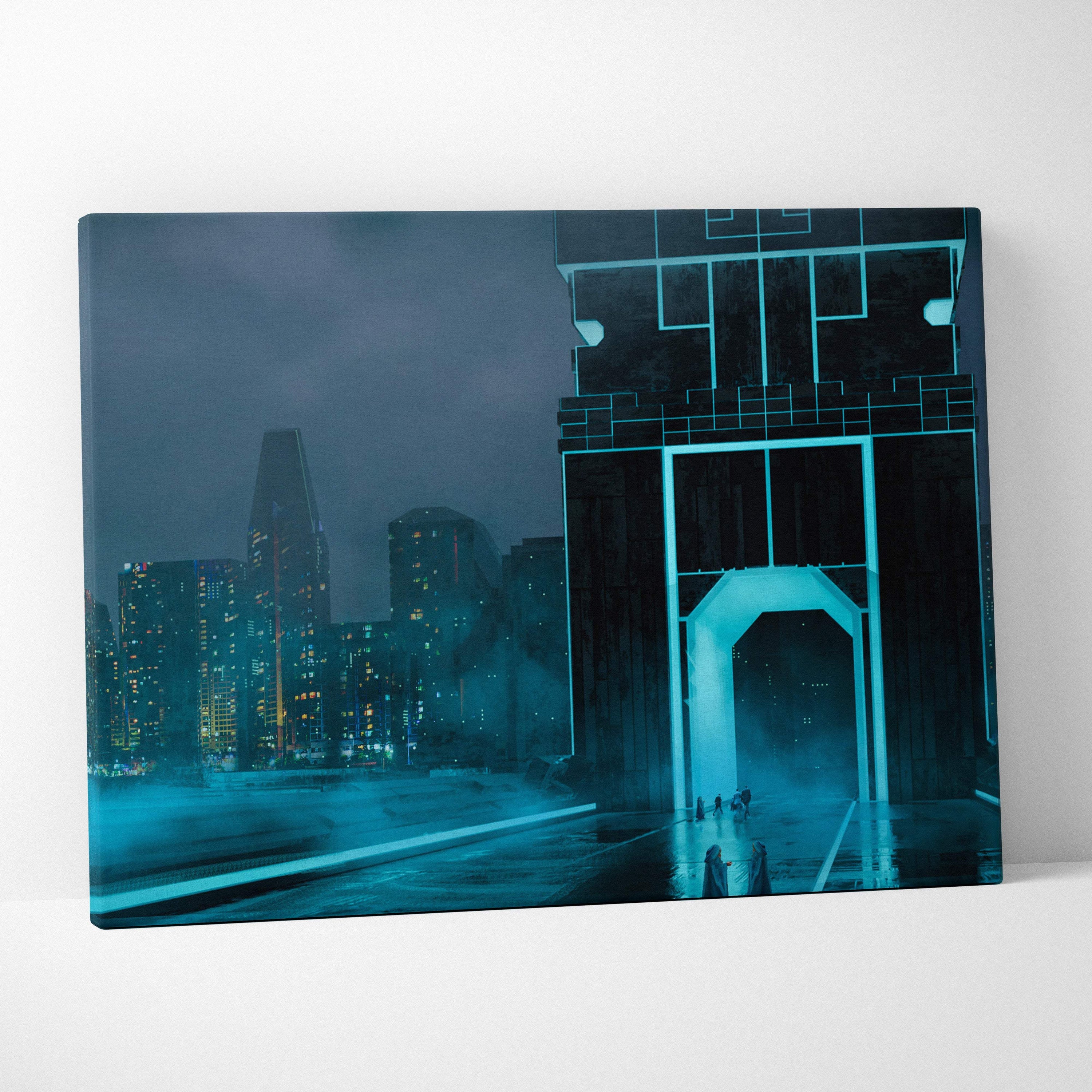 Canvas print of a futuristic cityscape with glowing teal skyscrapers under a dark misty sky for cyberpunk decor
