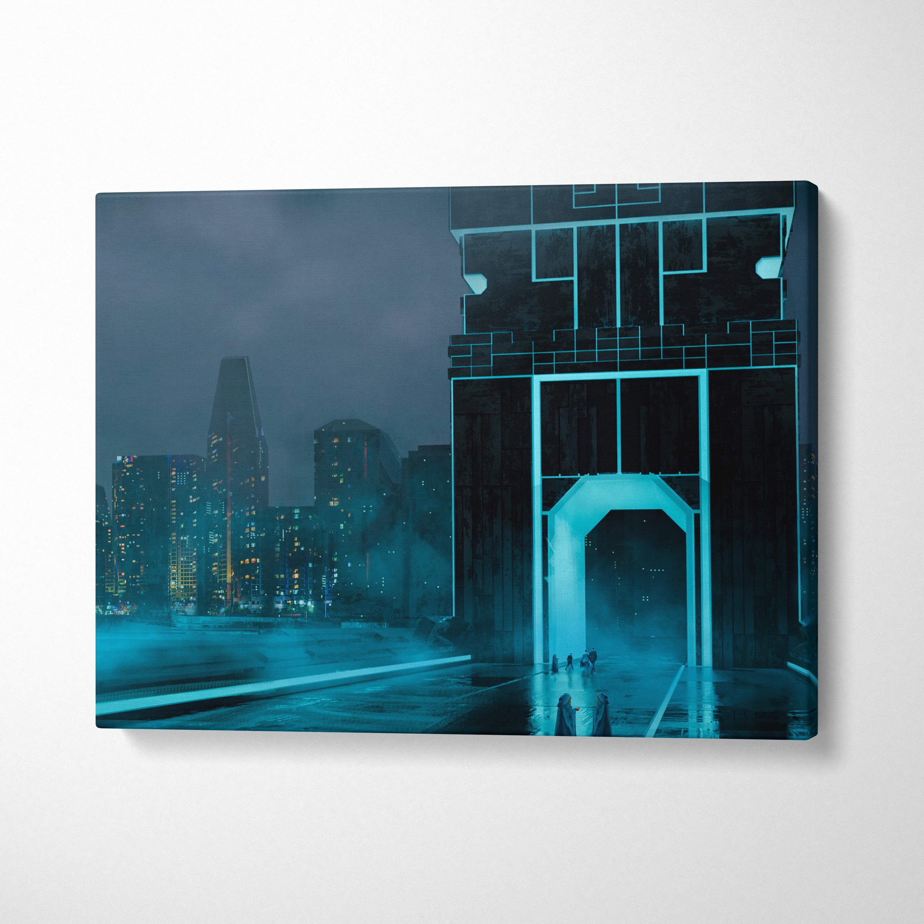 Canvas print of a futuristic cityscape with glowing teal architecture and illuminated skyscrapers cyberpunk wall art