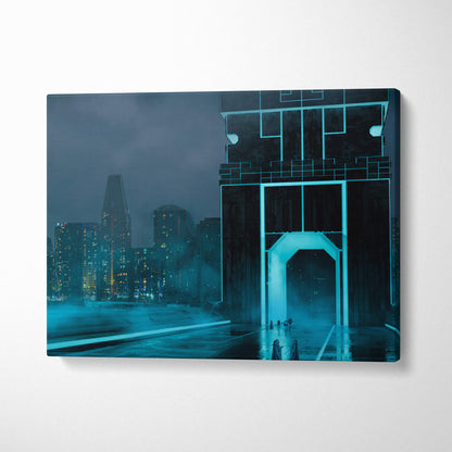 Canvas print of a futuristic cityscape with glowing teal architecture and illuminated skyscrapers cyberpunk wall art