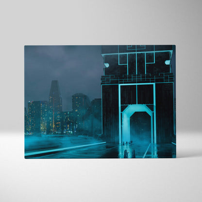 A rectangular canvas print of a cyberpunk cityscape with blue neon lights and dark futuristic urban decor
