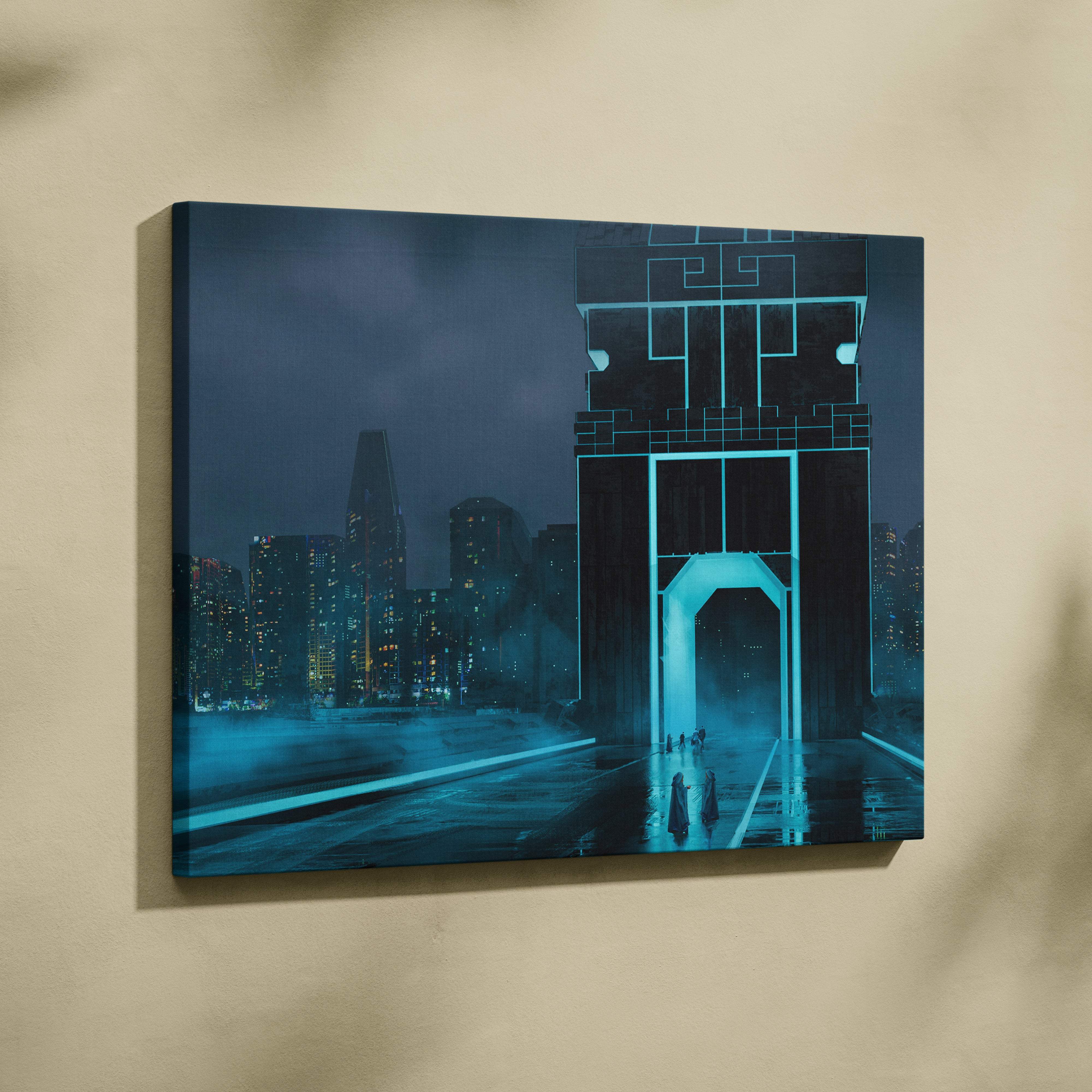 Cyberpunk portal city canvas print featuring glowing blue neon futuristic skyscrapers under a dark sky
