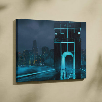 Cyberpunk portal city canvas print featuring glowing blue neon futuristic skyscrapers under a dark sky