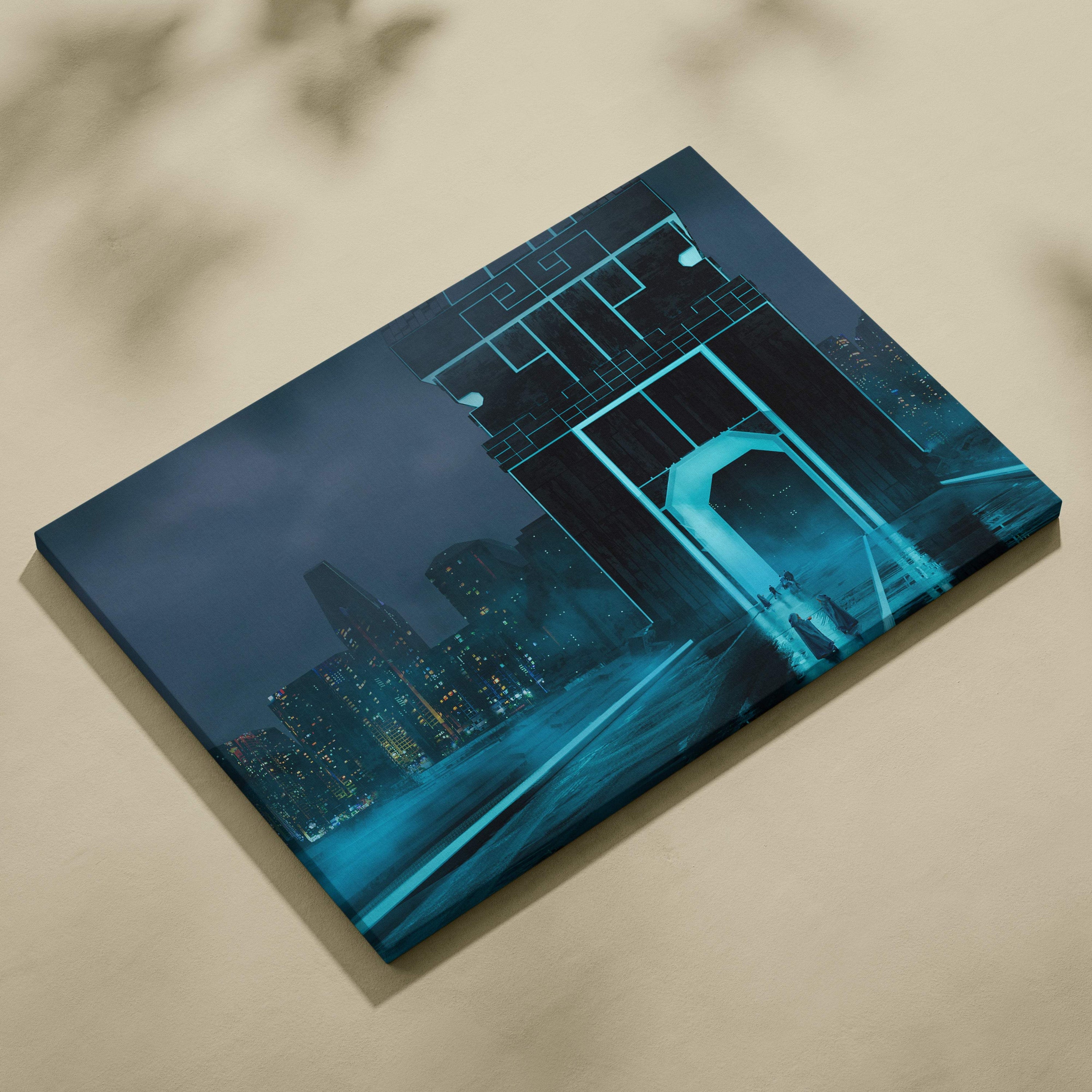 Rectangular canvas print featuring a neon-blue stylized cityscape with illuminated buildings and an archway for cyberpunk decor