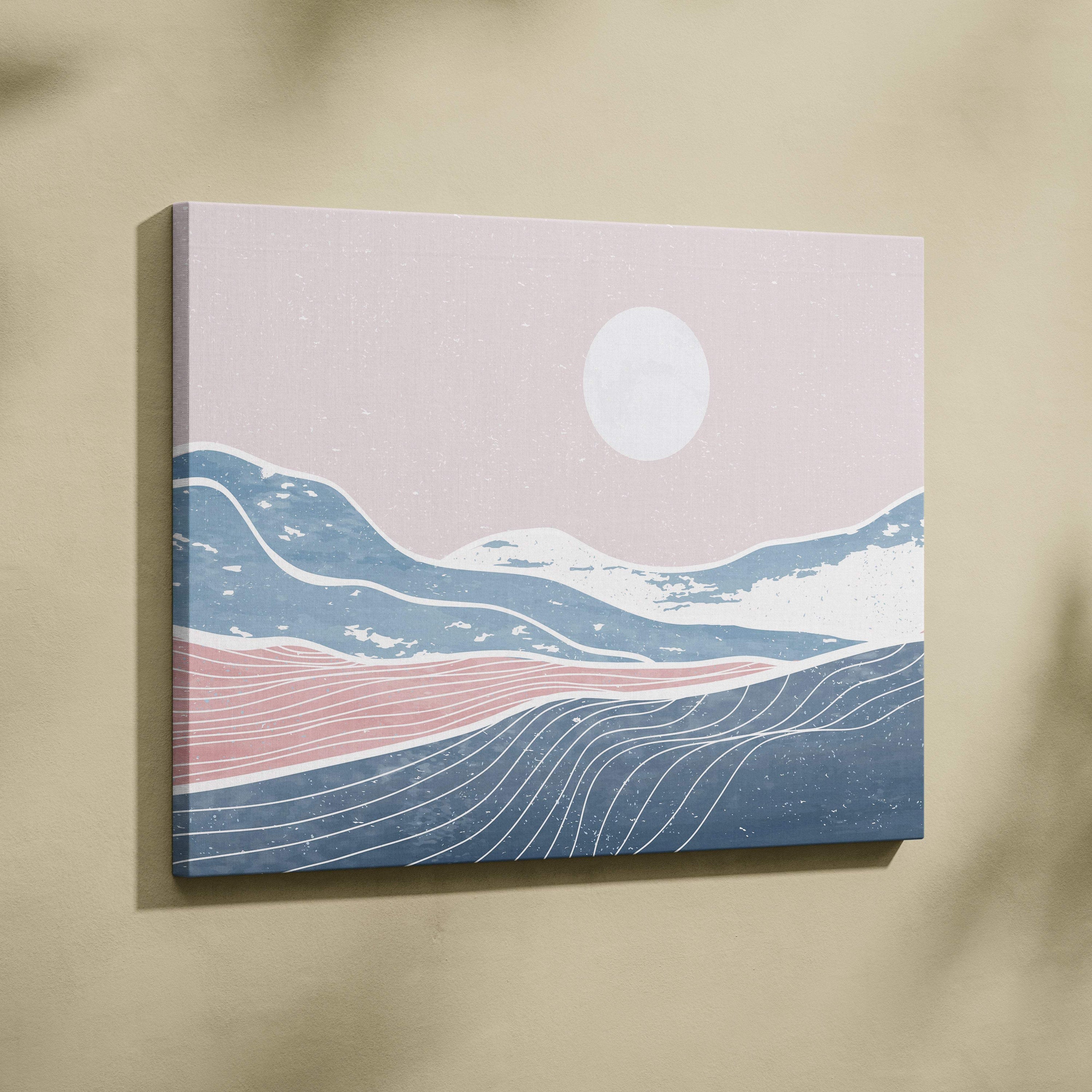 Minimalist pastel mountain canvas wall art print featuring stylized blue and pink mountains under a pale sky with moon