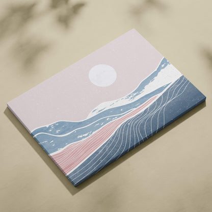 A rectangular canvas print featuring a minimalist pastel pink and blue abstract landscape with rolling hills and a full moon