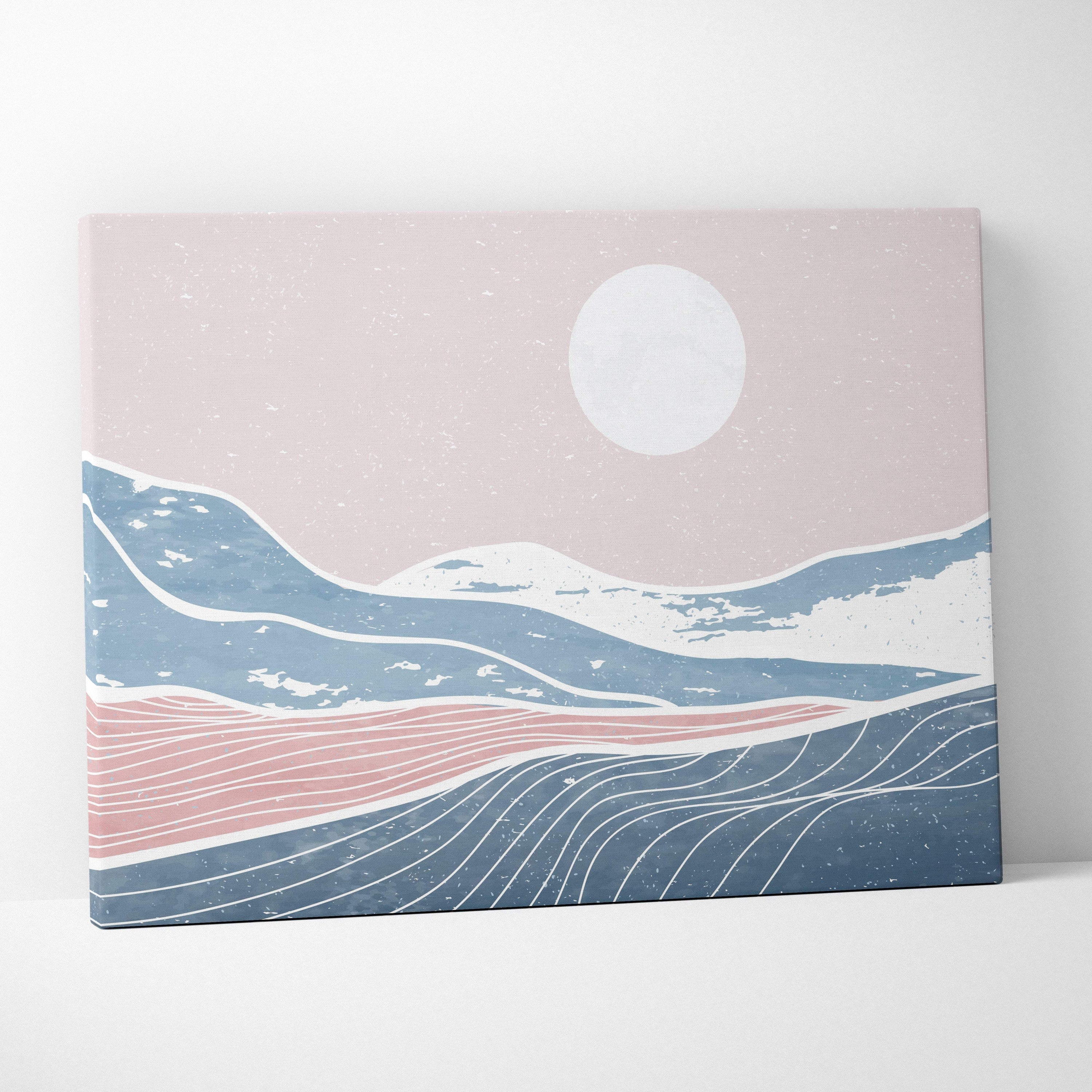 Minimalist pastel mountain canvas wall art print with soft pink and blue abstract landscape for calm Japandi bedroom