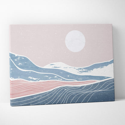 Minimalist pastel mountain canvas wall art print with soft pink and blue abstract landscape for calm Japandi bedroom