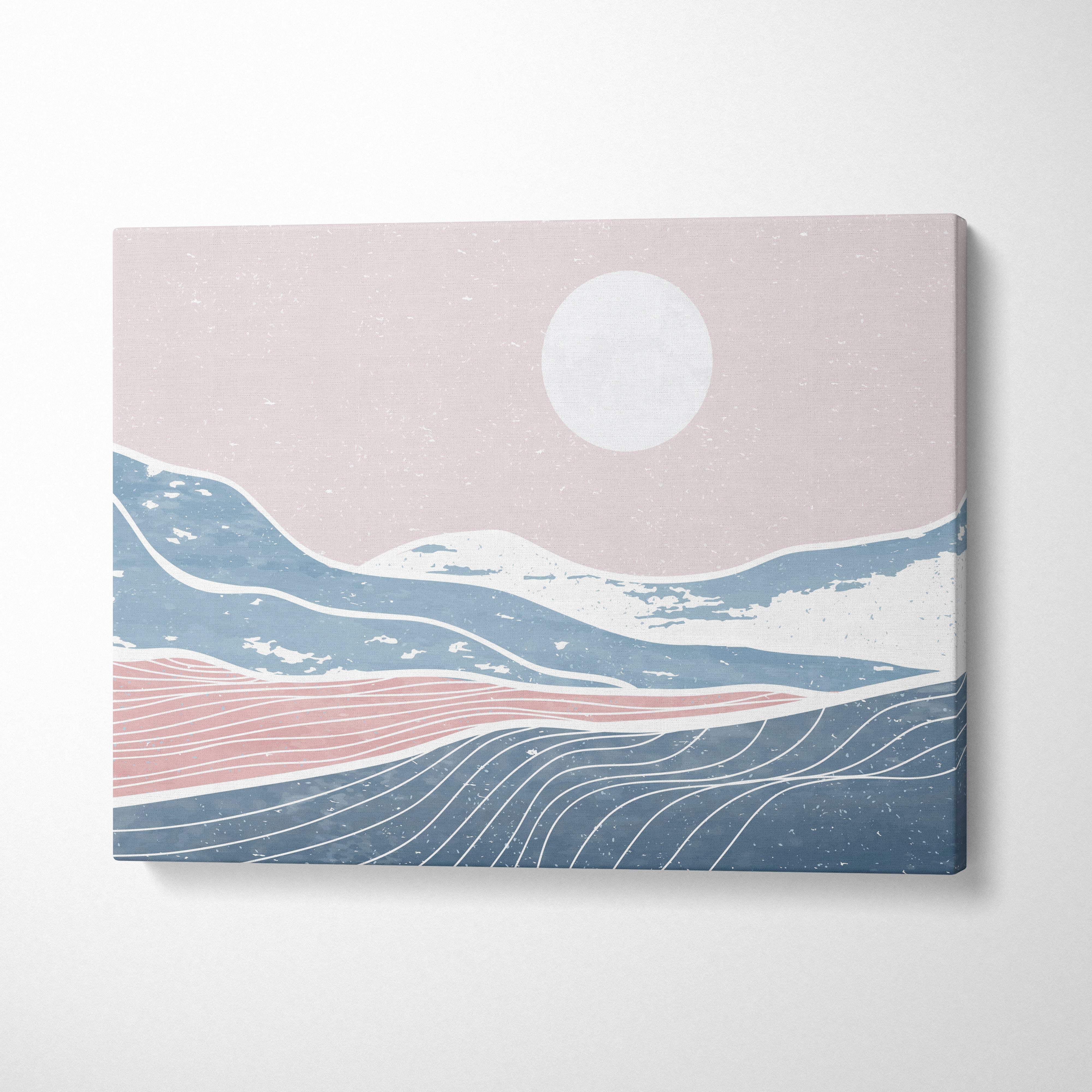 Minimalist pastel mountain canvas wall art print with soft pink and blue layered mountains under a pale sky and sun