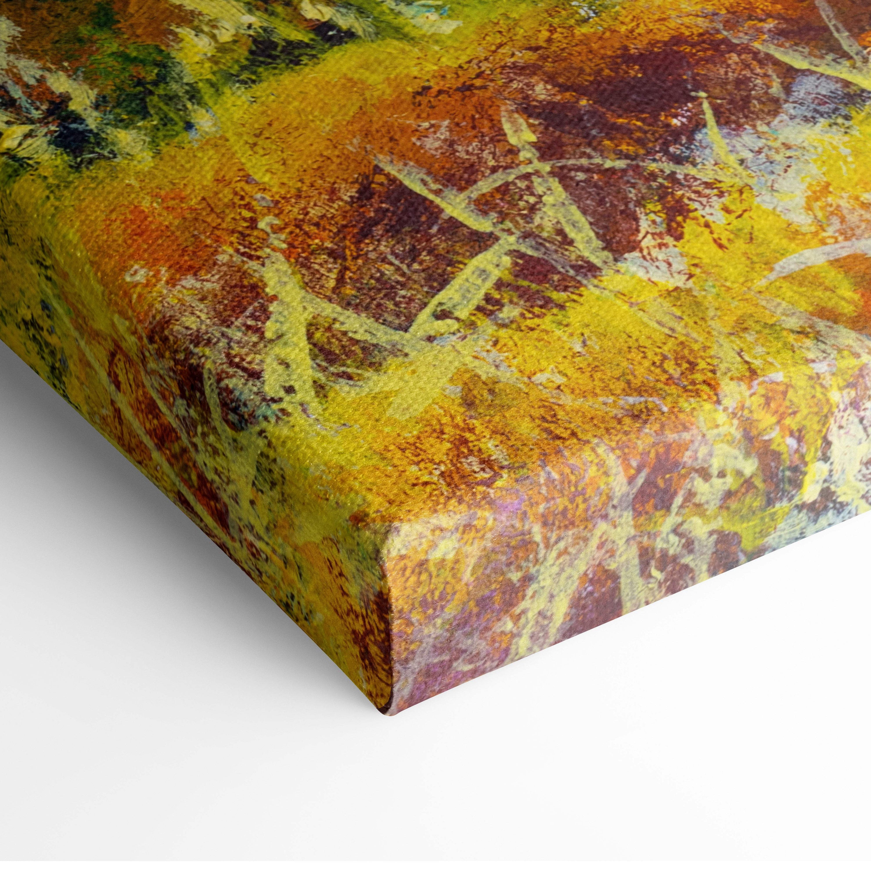 A vibrant impressionist canvas wall art featuring bold yellow orange and deep brown textured brushwork of a sunlit meadow tree
