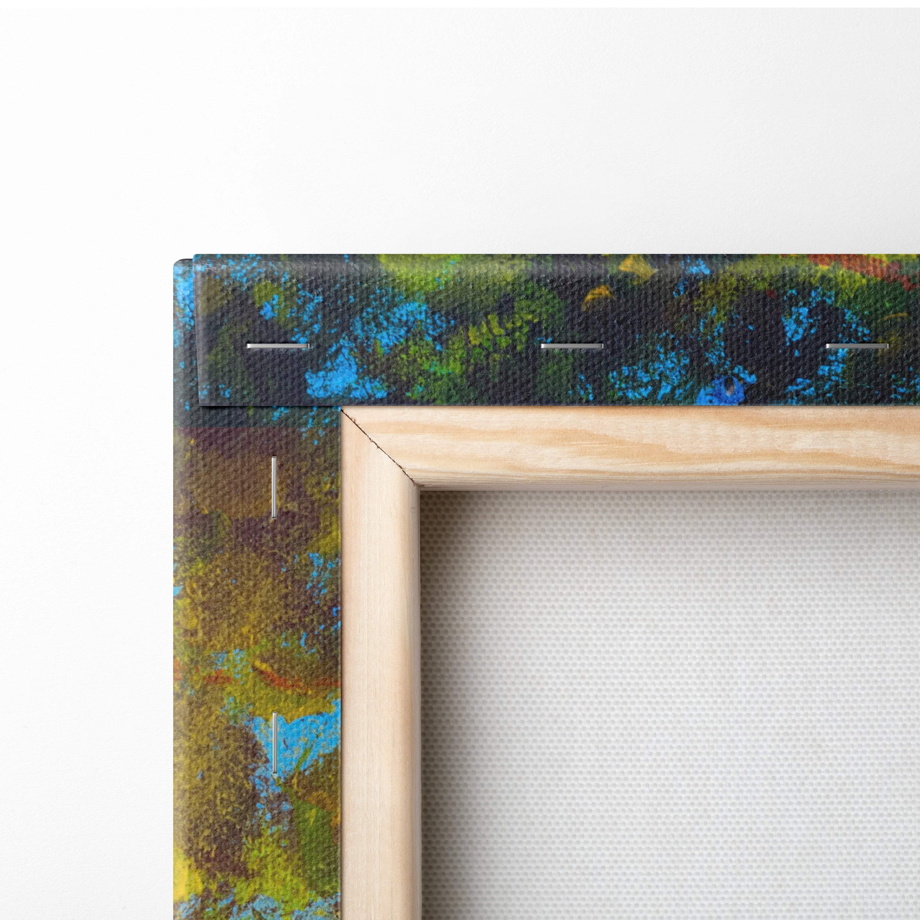 Light-colored wooden frame holding an impressionist canvas print of a sunlit meadow with blue green and brown brushstrokes