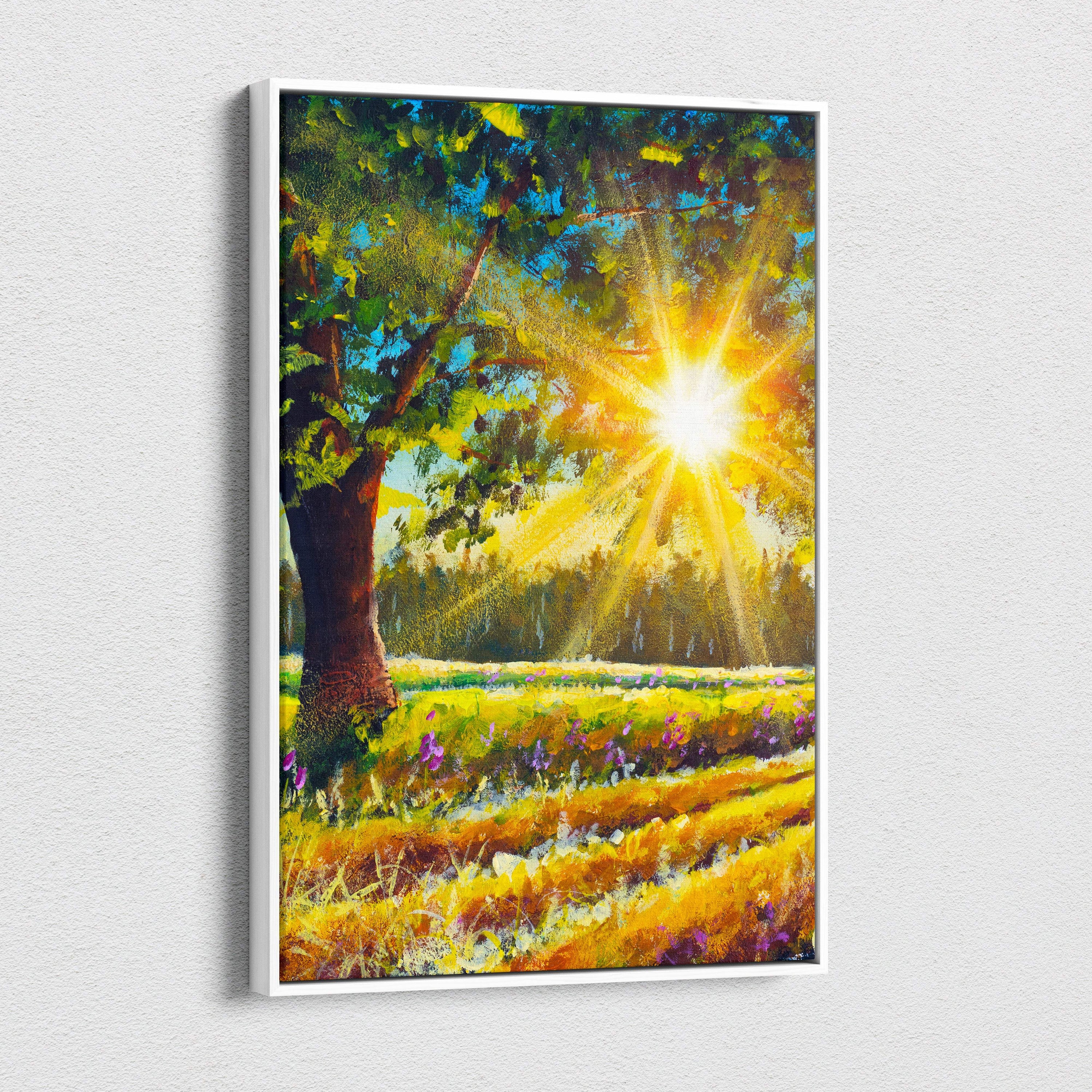 A vibrant impressionist canvas print of a sunlit meadow with golden grasses purple flowers and radiant sun rays through leaves