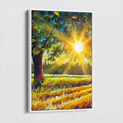 A vibrant impressionist canvas print of a sunlit meadow with golden grasses purple flowers and radiant sun rays through leaves