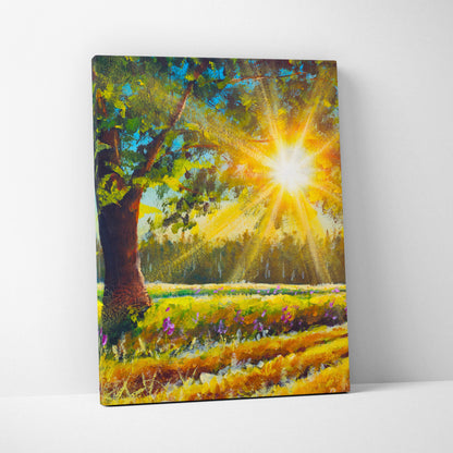 Vibrant impressionist canvas print of a sunlit tree in a golden field with purple flowers and radiant sun rays