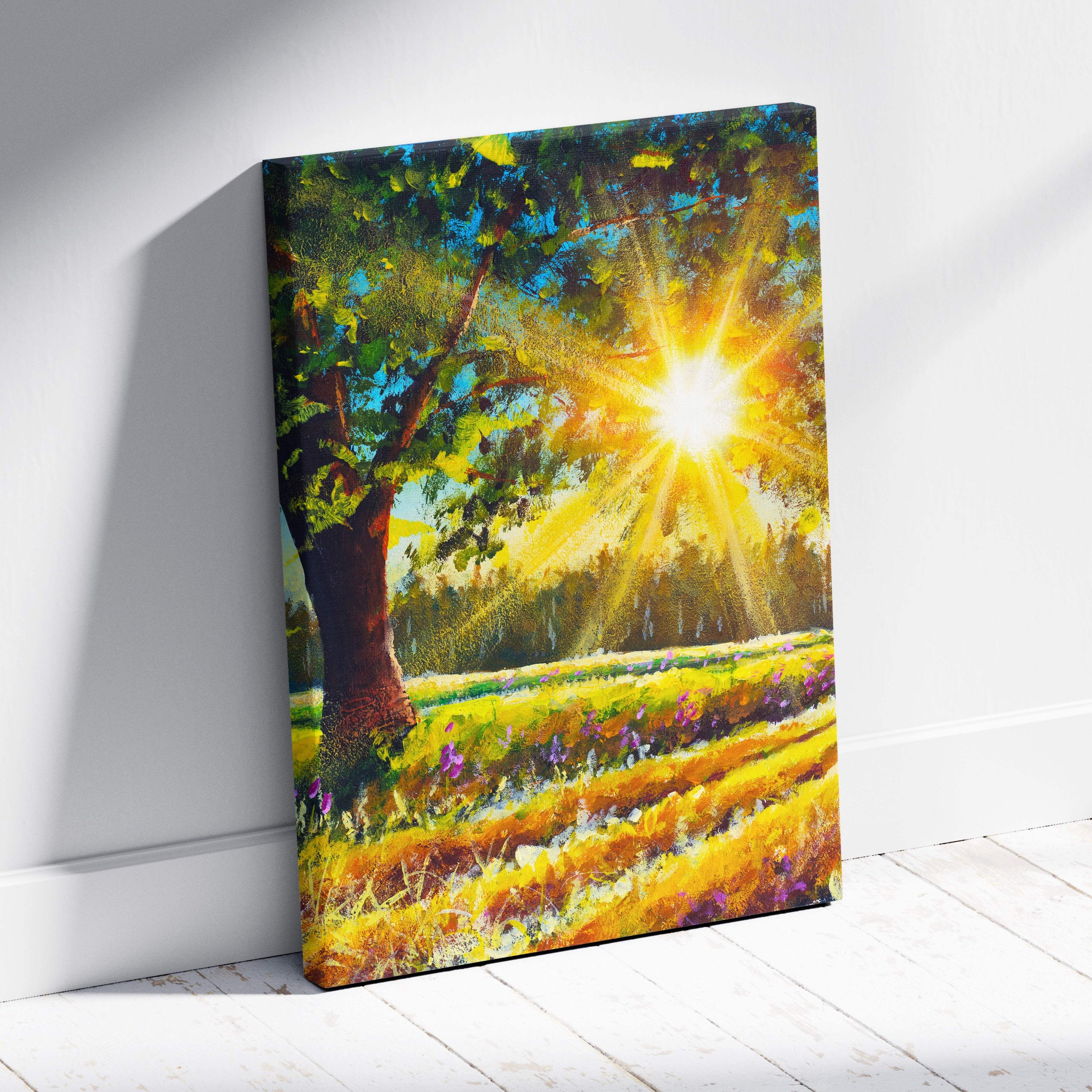 Vibrant sunlit meadow tree painting style canvas print showing golden rays through green foliage over yellow grass and purple flowers