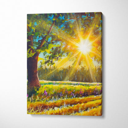 Vibrant impressionist canvas print of sunlit forest with golden rays through green leaves and purple flowers in foreground