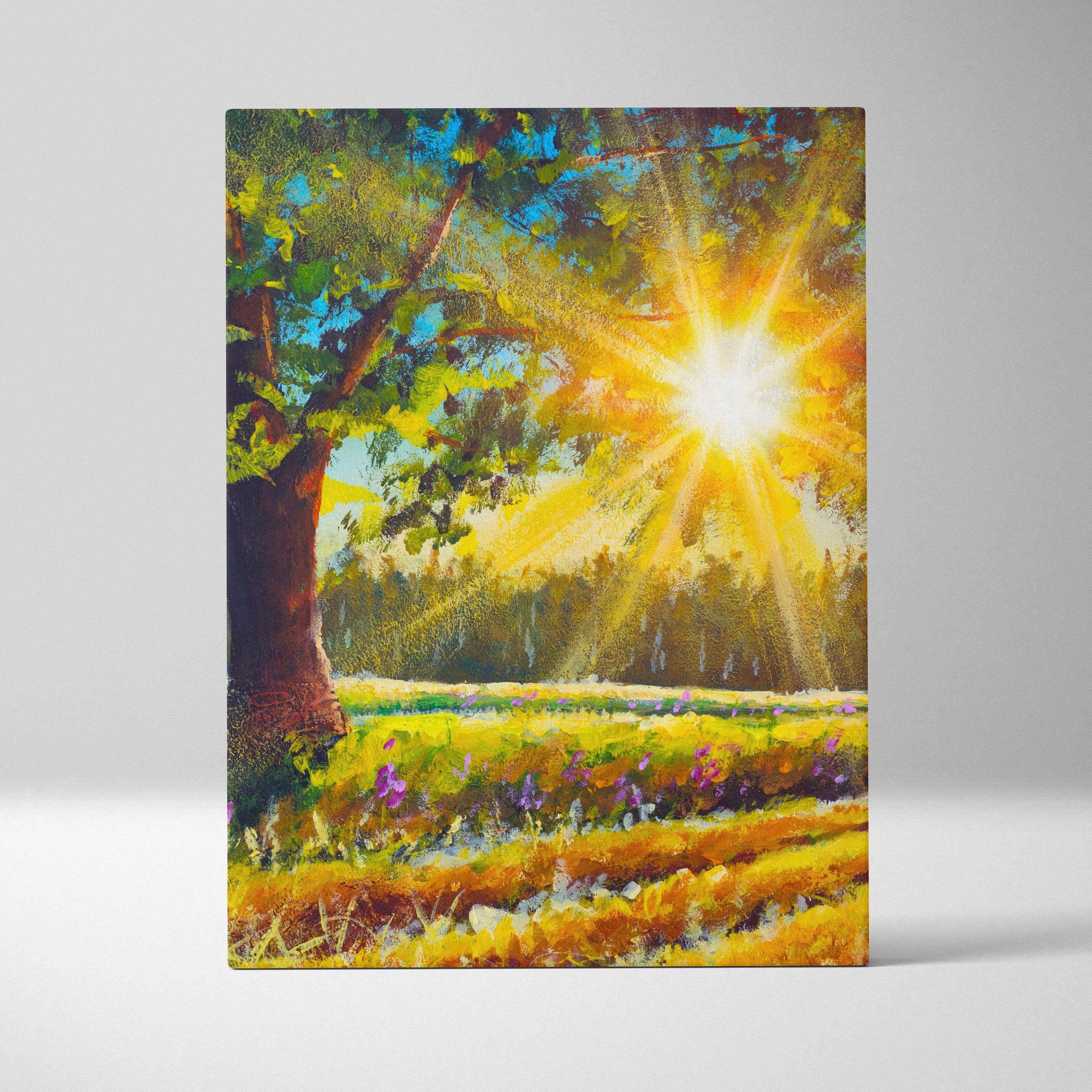 Vibrant impressionist canvas print of sunlit tree with golden rays and wildflowers in bright summer landscape wall art